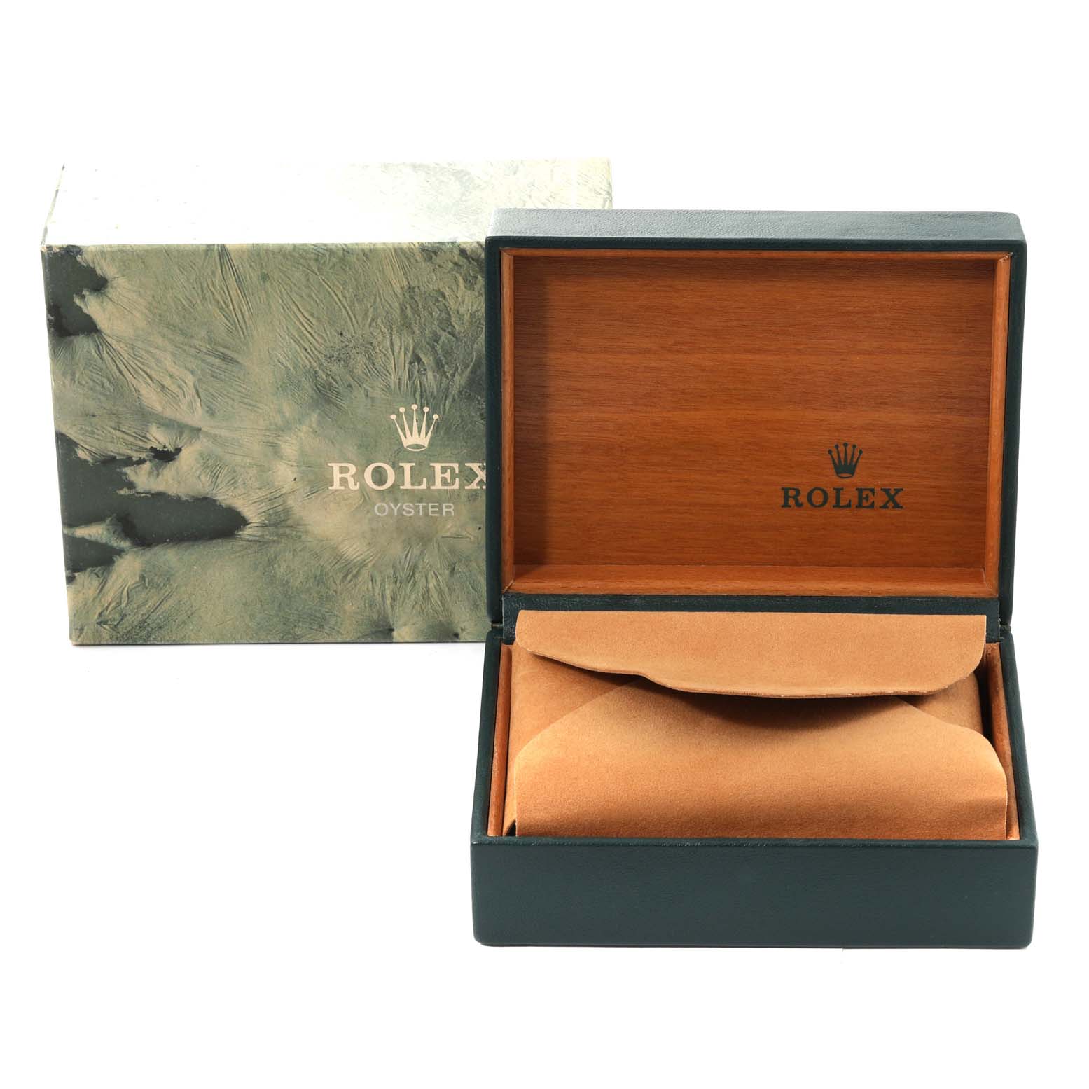 This image shows an open Rolex Datejust 16234 Men's Stainless Steel Black Dial 16234 Men's Stainless Steel Black Dial watch box and its external packaging.