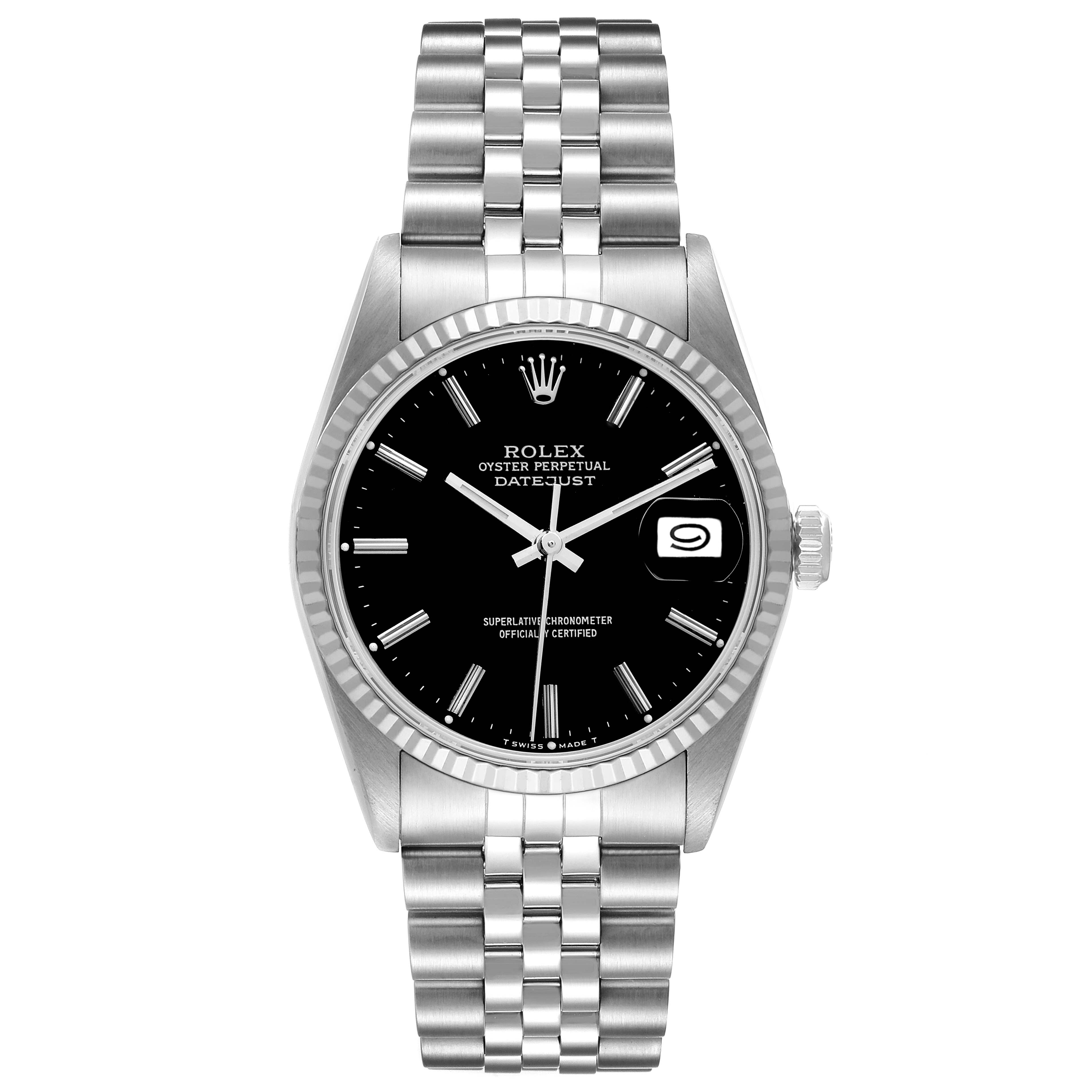 This image shows a Rolex Datejust 16234 Men's Stainless Steel Black Dial 16234 Men's Stainless Steel Black Dial watch from the front, displaying the face, bezel, bracelet, and date window.