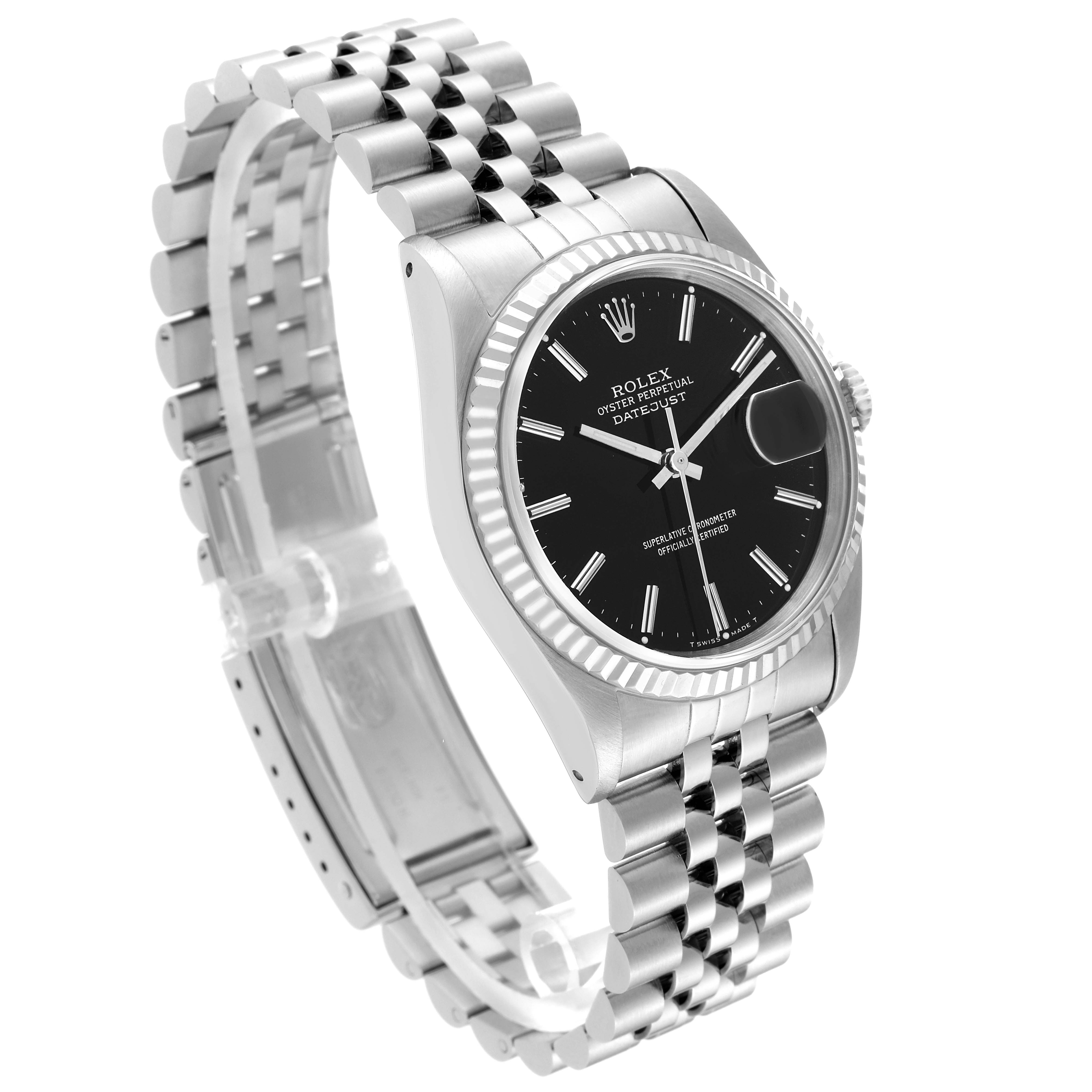 This Rolex Datejust 16234 Men's Stainless Steel Black Dial 16234 Men's Stainless Steel Black Dial watch is shown at a 3/4 angle, displaying its dial, bezel, and bracelet.