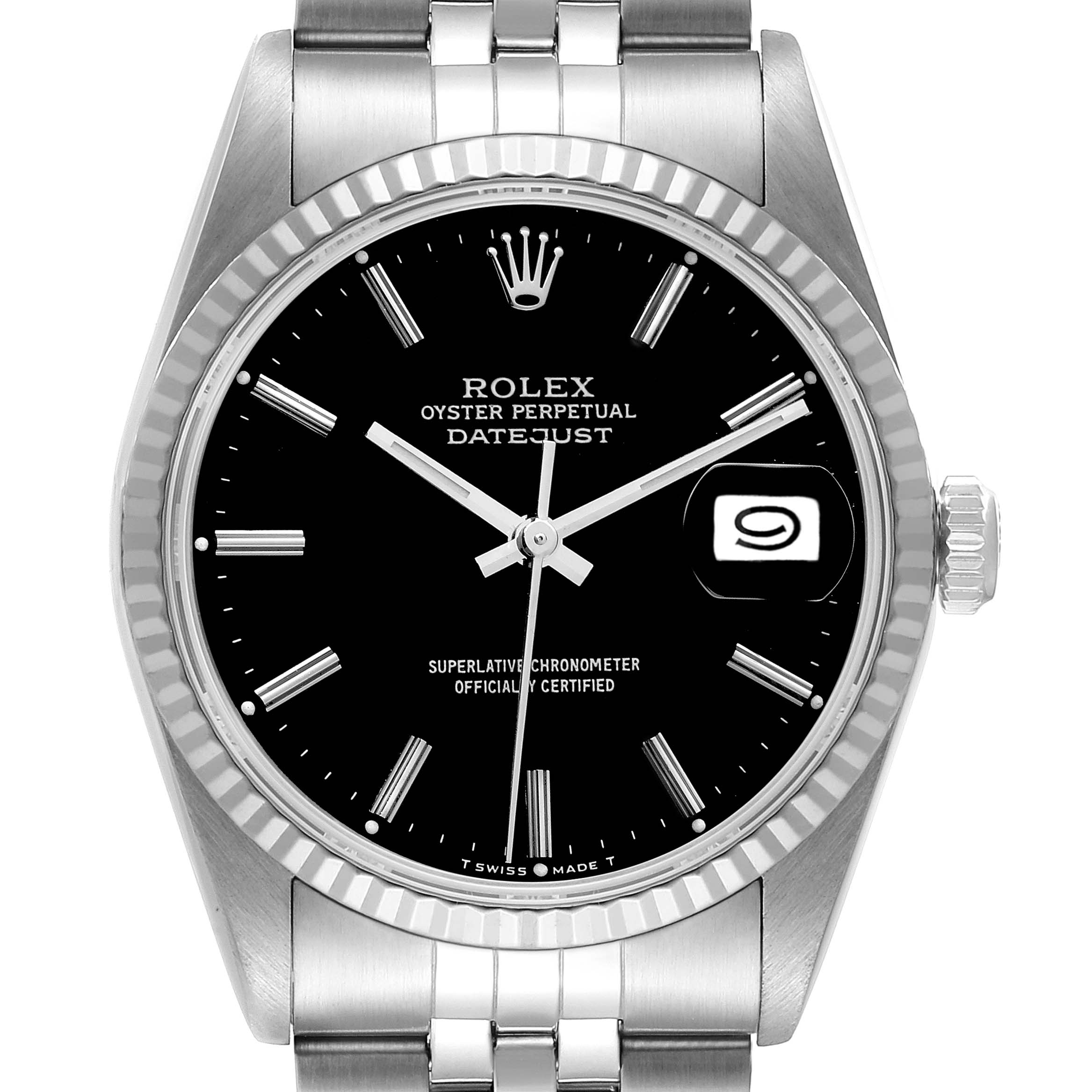 This image shows a front view of a Rolex Datejust 16234 Men's Stainless Steel Black Dial 16234 Men's Stainless Steel Black Dial watch, highlighting the dial, hands, crown, and part of the bracelet.