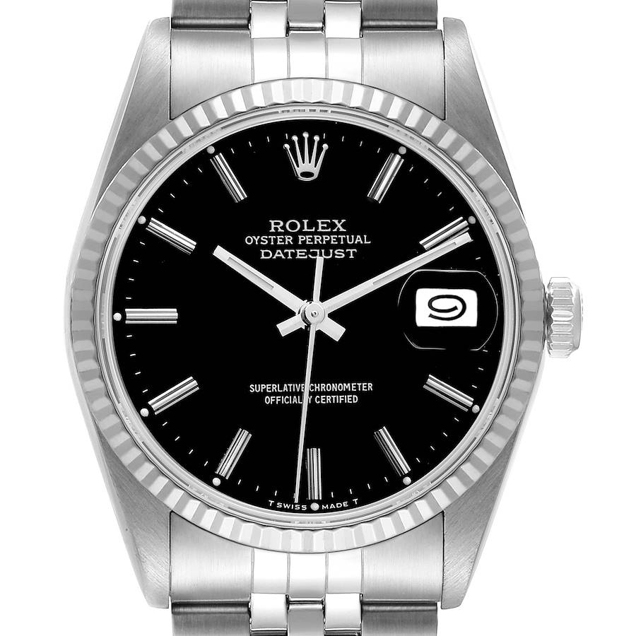 Rolex Datejust Black Dial Steel White Gold Mens Watch 16234 SwissWatchExpo