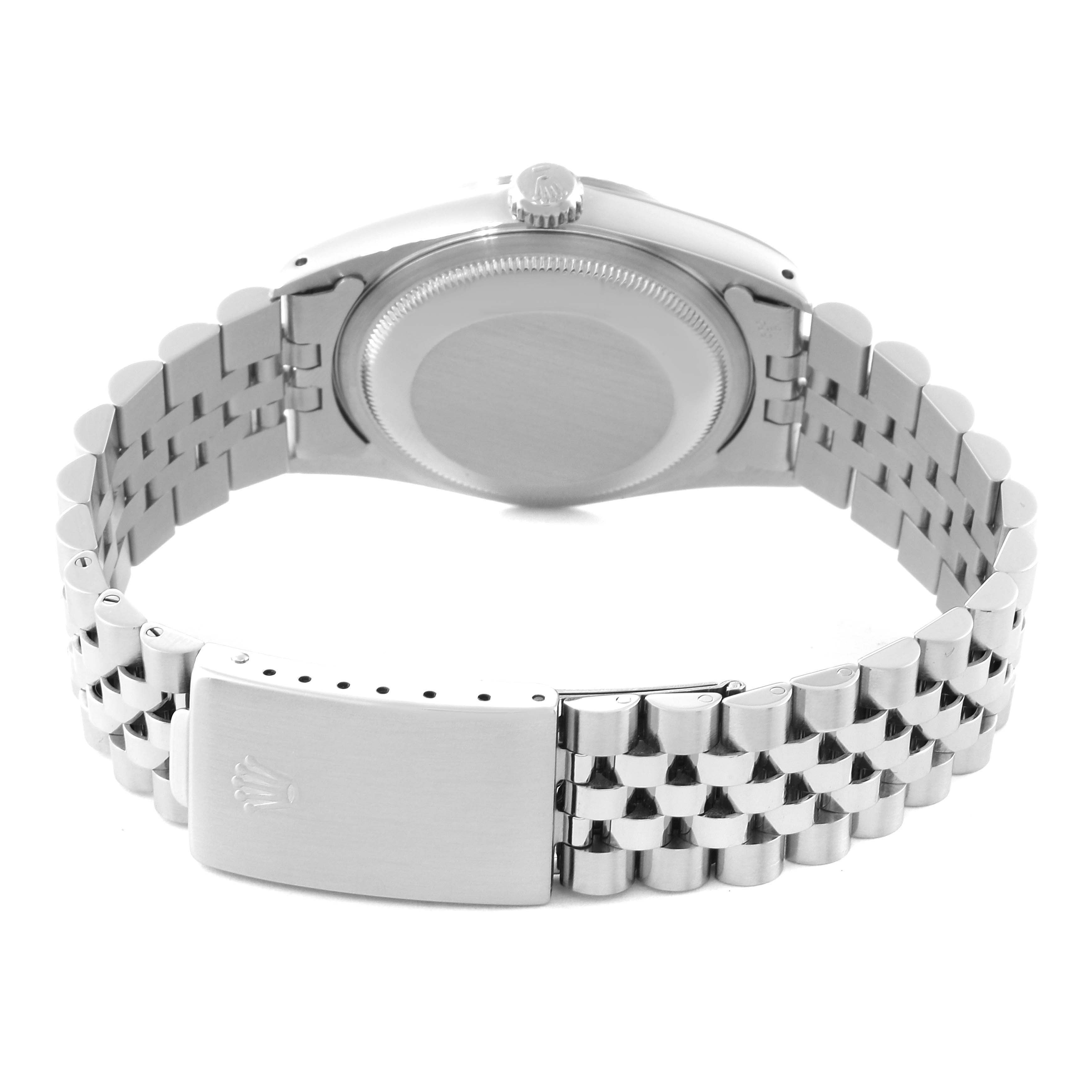 This image shows the back view of a Rolex Datejust 16234 Men's Stainless Steel Black Dial 16234 Men's Stainless Steel Black Dial watch, focusing on its caseback and Jubilee bracelet.