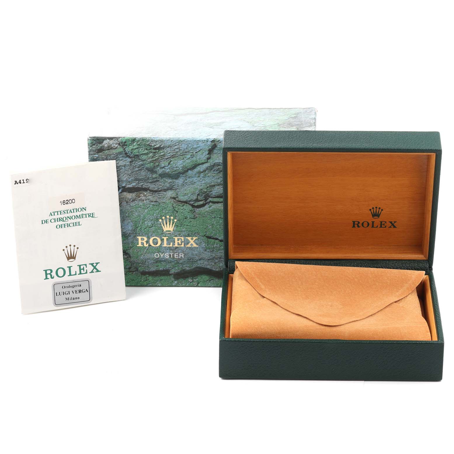 This image shows the Rolex Datejust 16200 Men's Stainless Steel Blue Dial 16200 Men's Stainless Steel Blue Dial watch packaging, including an outer box, inner box, and document.