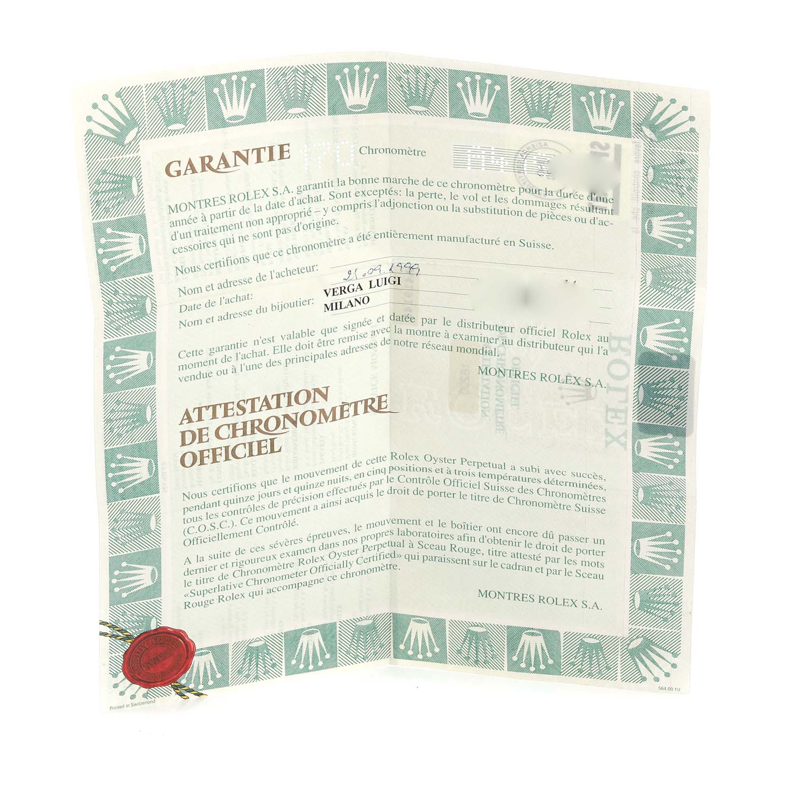 The image displays a warranty card with official documentation for a Rolex Datejust 16200 Men's Stainless Steel Blue Dial 16200 Men's Stainless Steel Blue Dial watch from a top-down angle.