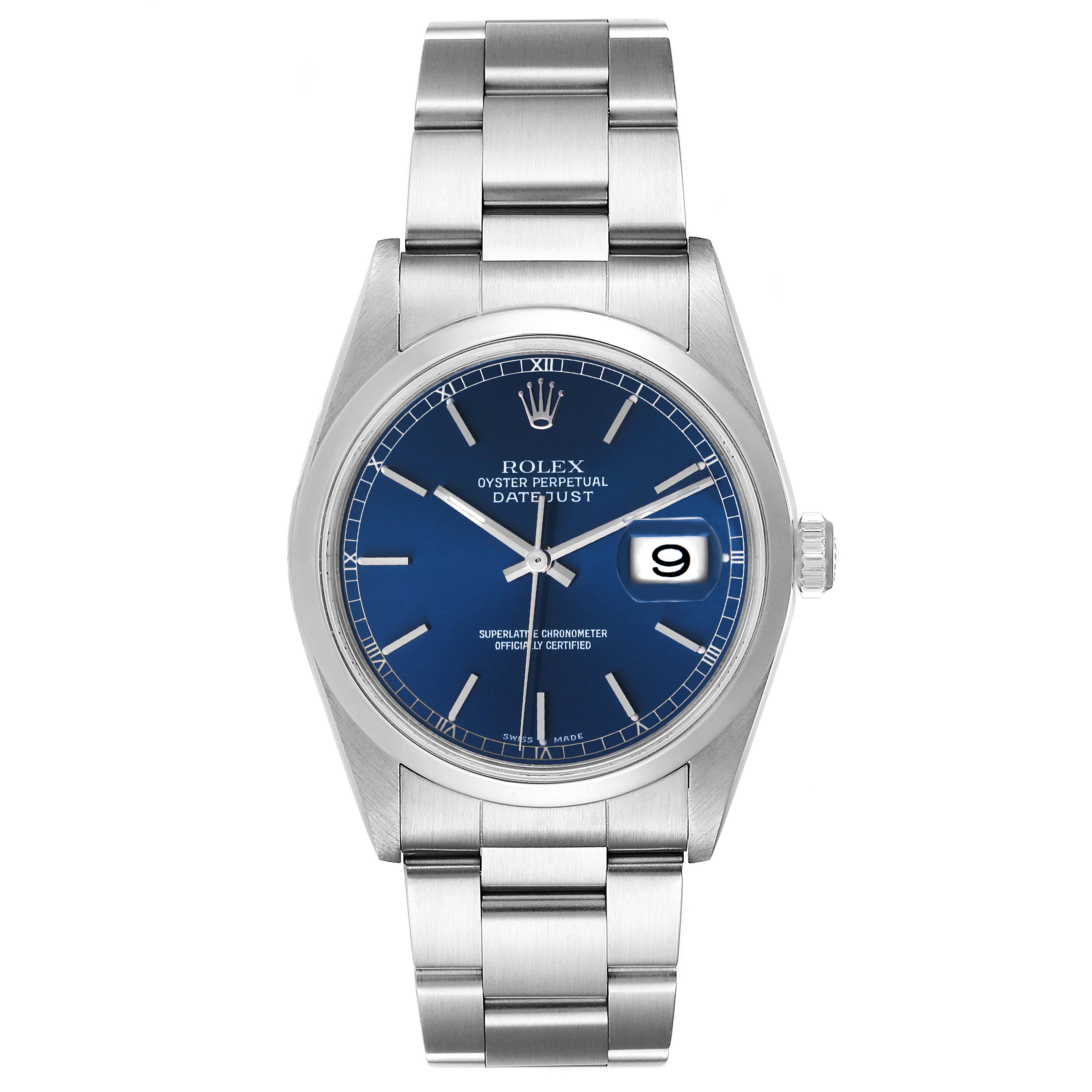 The image shows a frontal view of a Rolex Datejust 16200 Men's Stainless Steel Blue Dial 16200 Men's Stainless Steel Blue Dial watch, displaying its blue dial, date window, and stainless steel bracelet.