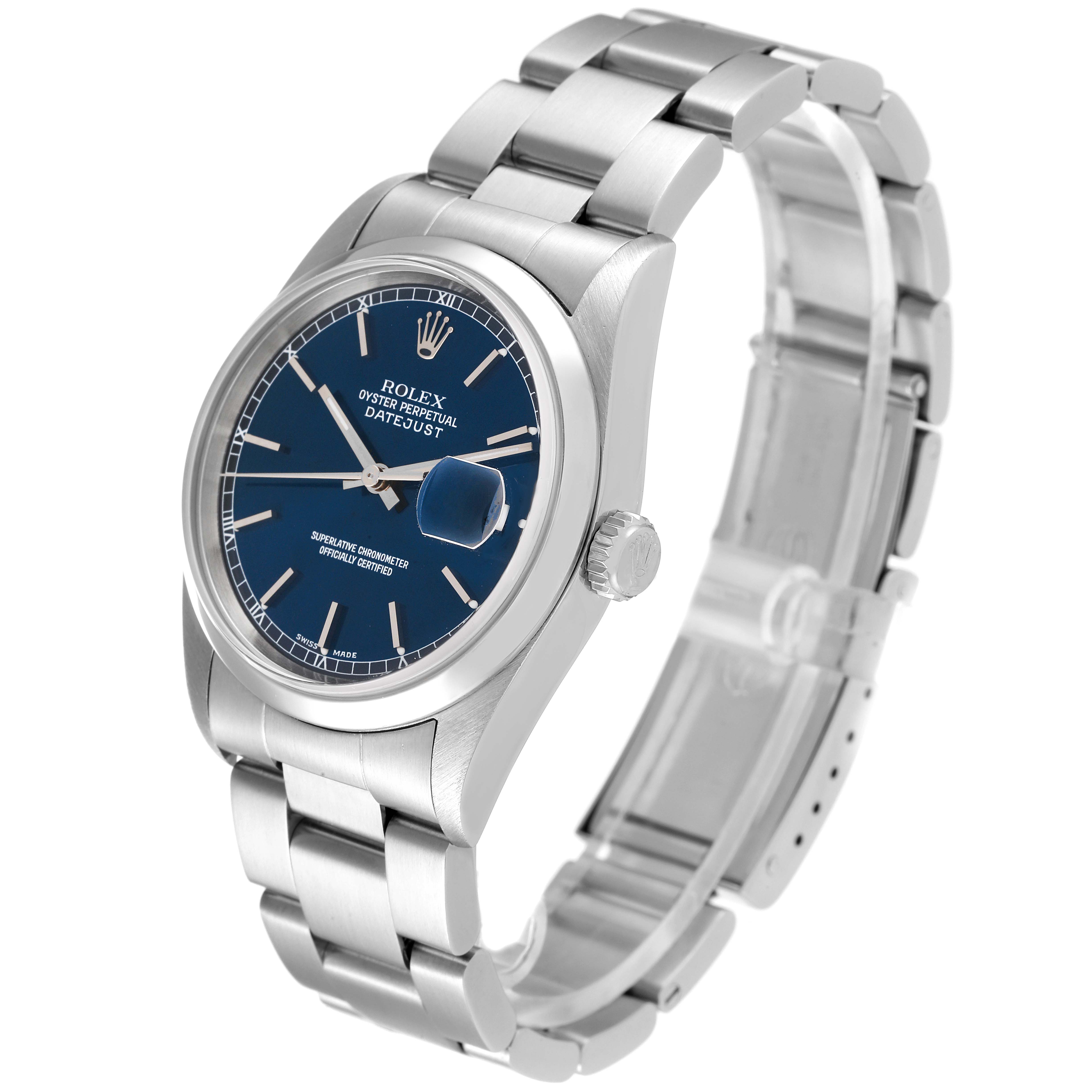 This image shows a Rolex Datejust 16200 Men's Stainless Steel Blue Dial 16200 Men's Stainless Steel Blue Dial watch at an angled view, displaying the dial, bezel, case, crown, and bracelet.