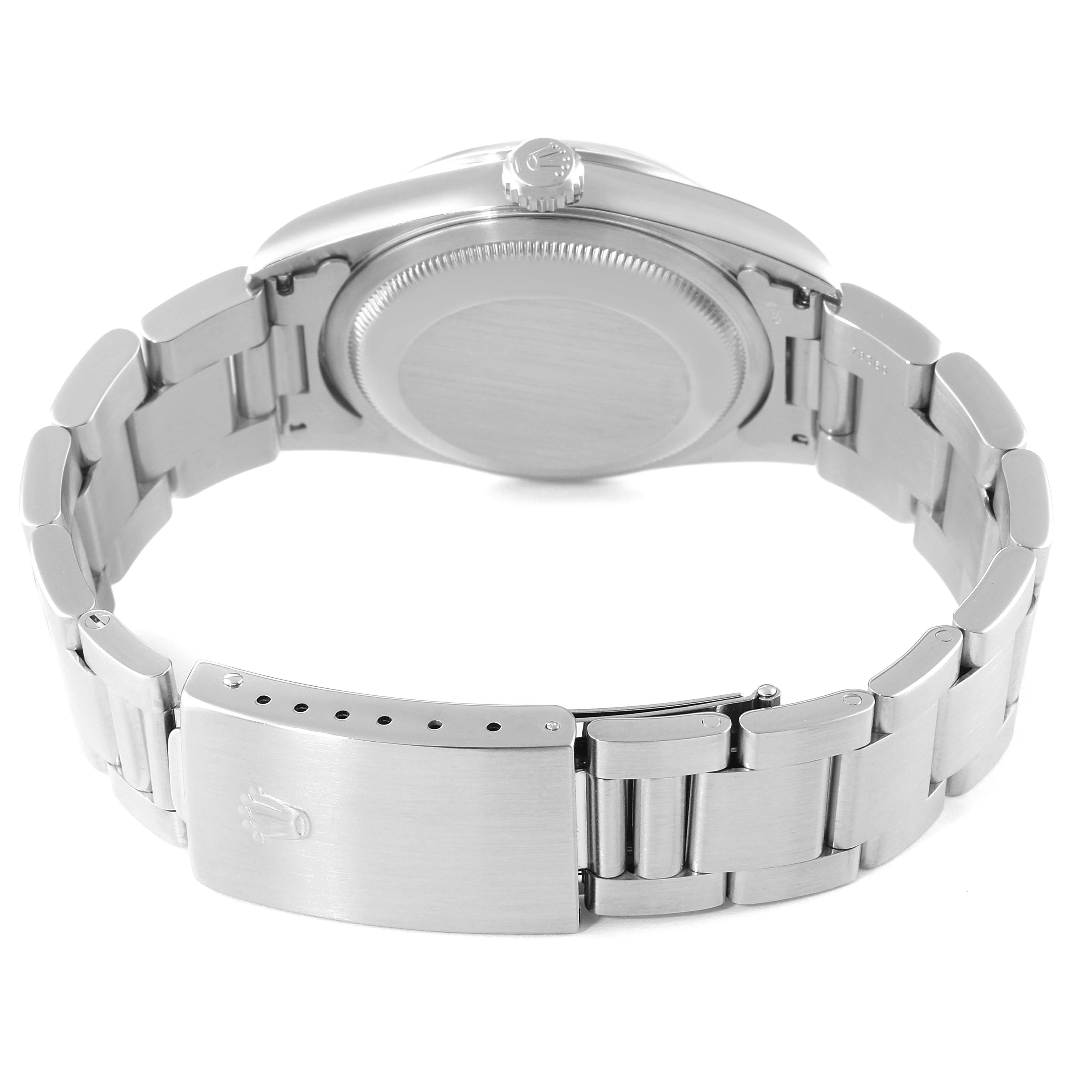 This image shows the Rolex Datejust 16200 Men's Stainless Steel Blue Dial 16200 Men's Stainless Steel Blue Dial watch from the back, highlighting the case back and the bracelet with its clasp.