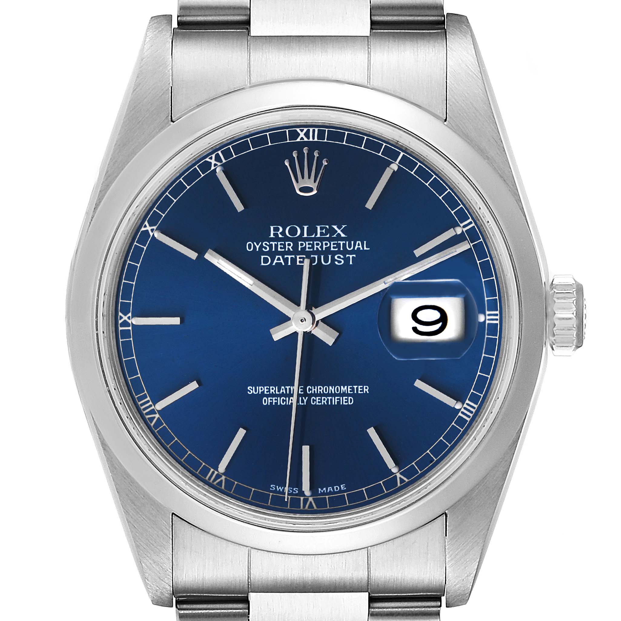 This is a close-up front view of a Rolex Datejust 16200 Men's Stainless Steel Blue Dial 16200 Men's Stainless Steel Blue Dial watch, showing the dial, hands, bracelet, and date magnifier.
