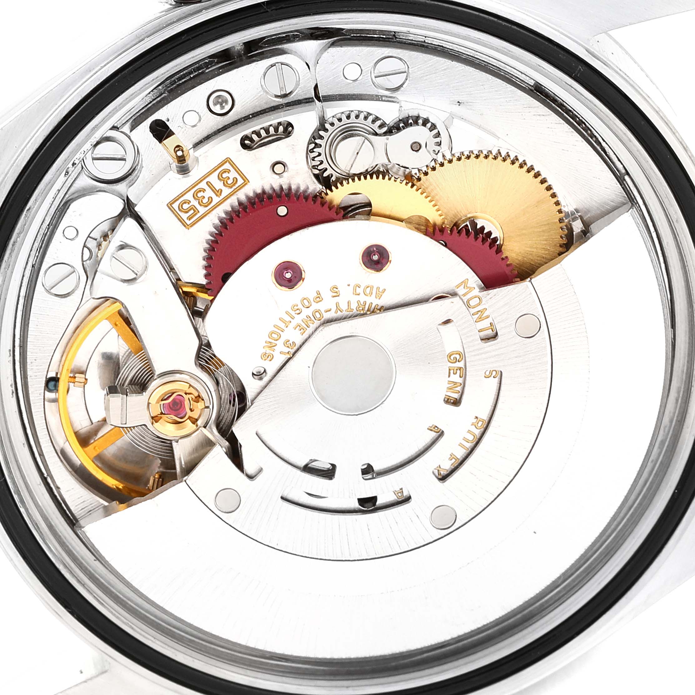 The image shows the internal mechanism of the Rolex Datejust 16200 Men's Stainless Steel Blue Dial 16200 Men's Stainless Steel Blue Dial watch viewed from the back.