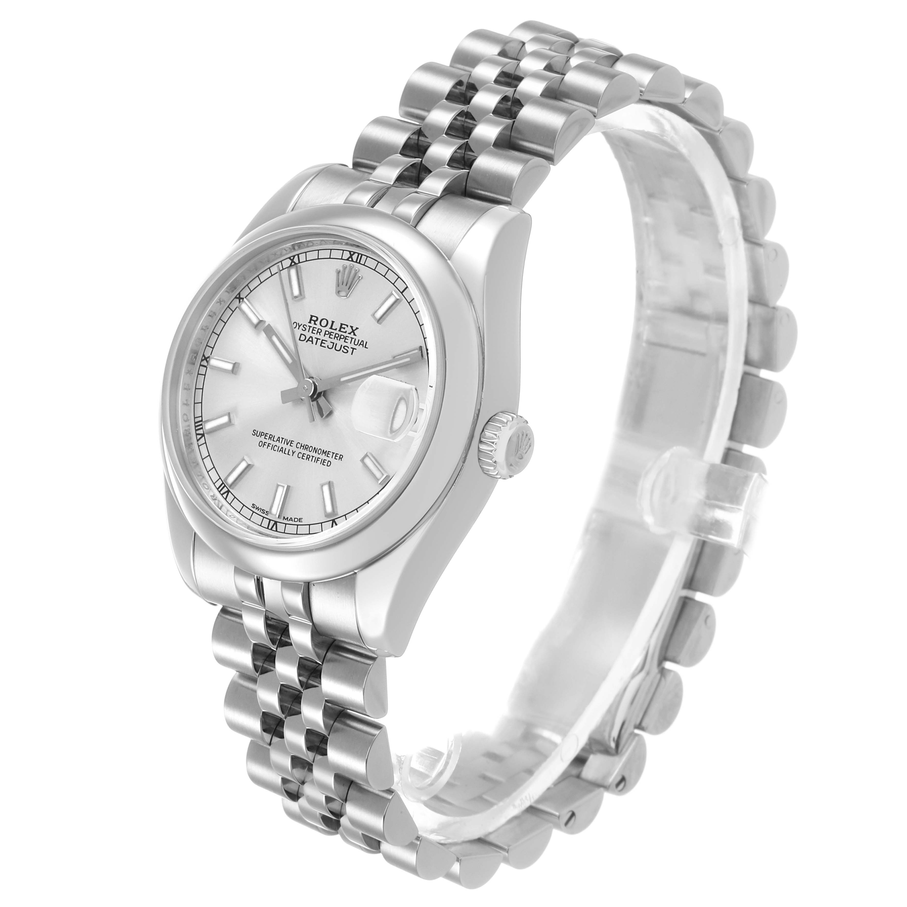 The Rolex Datejust 178240 Women's Stainless Steel Silver Dial watch is shown at a three-quarter angle, highlighting the face, bezel, crown, and bracelet.