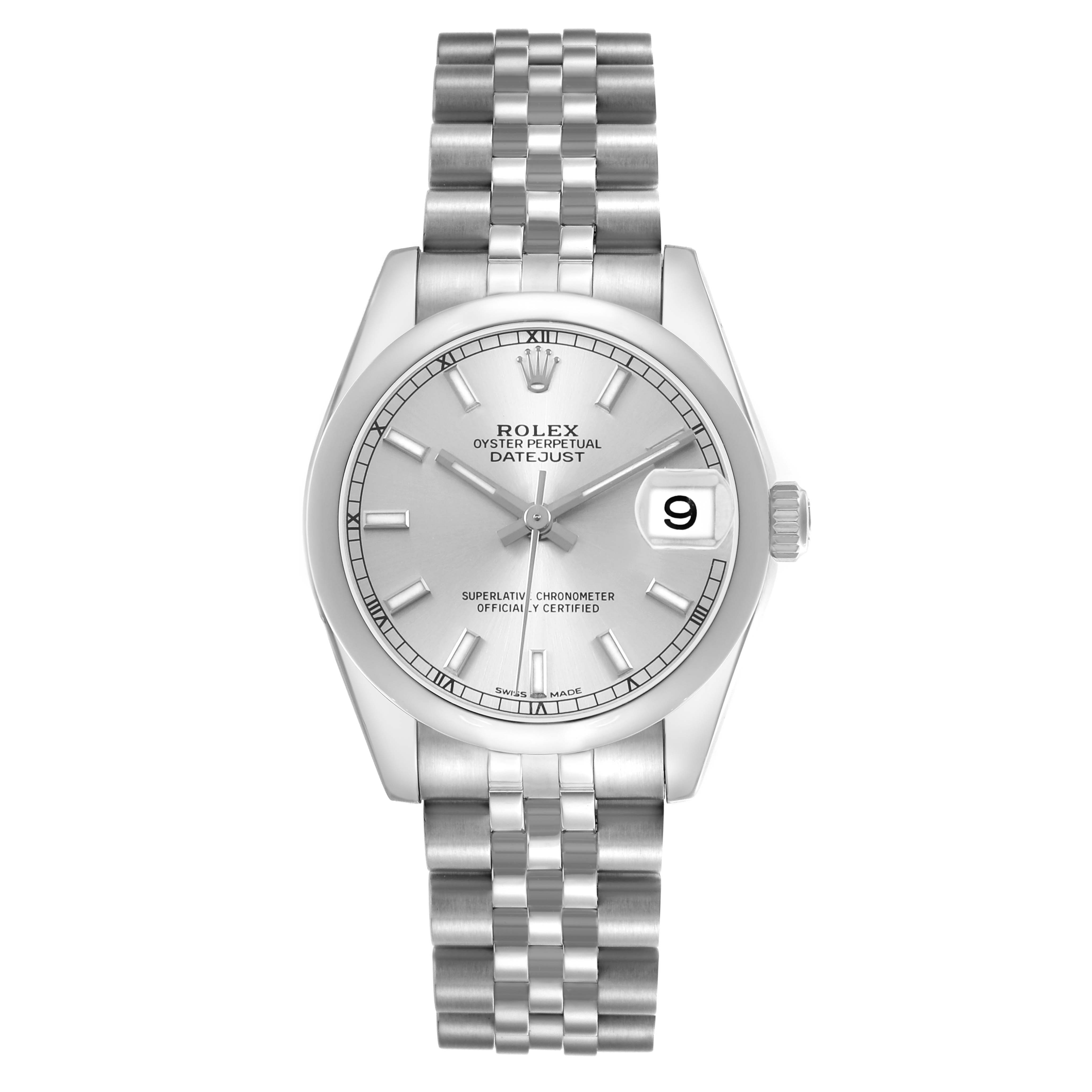 The image shows a Rolex Datejust 178240 Women's Stainless Steel Silver Dial watch from a frontal angle, displaying the dial, bracelet, and date feature.