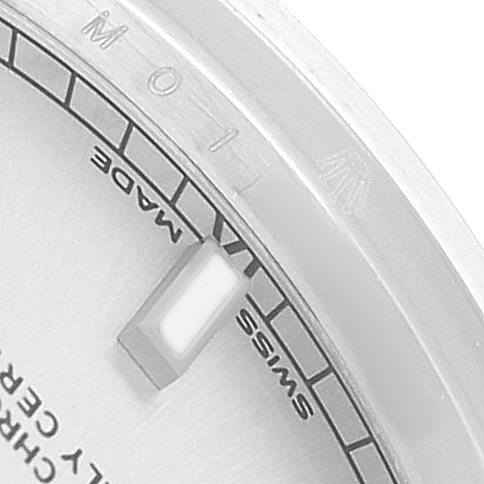 The image shows a close-up of the dial edge on a Rolex Datejust 178240 Women's Stainless Steel Silver Dial, highlighting the minute markers and "Swiss Made" text.