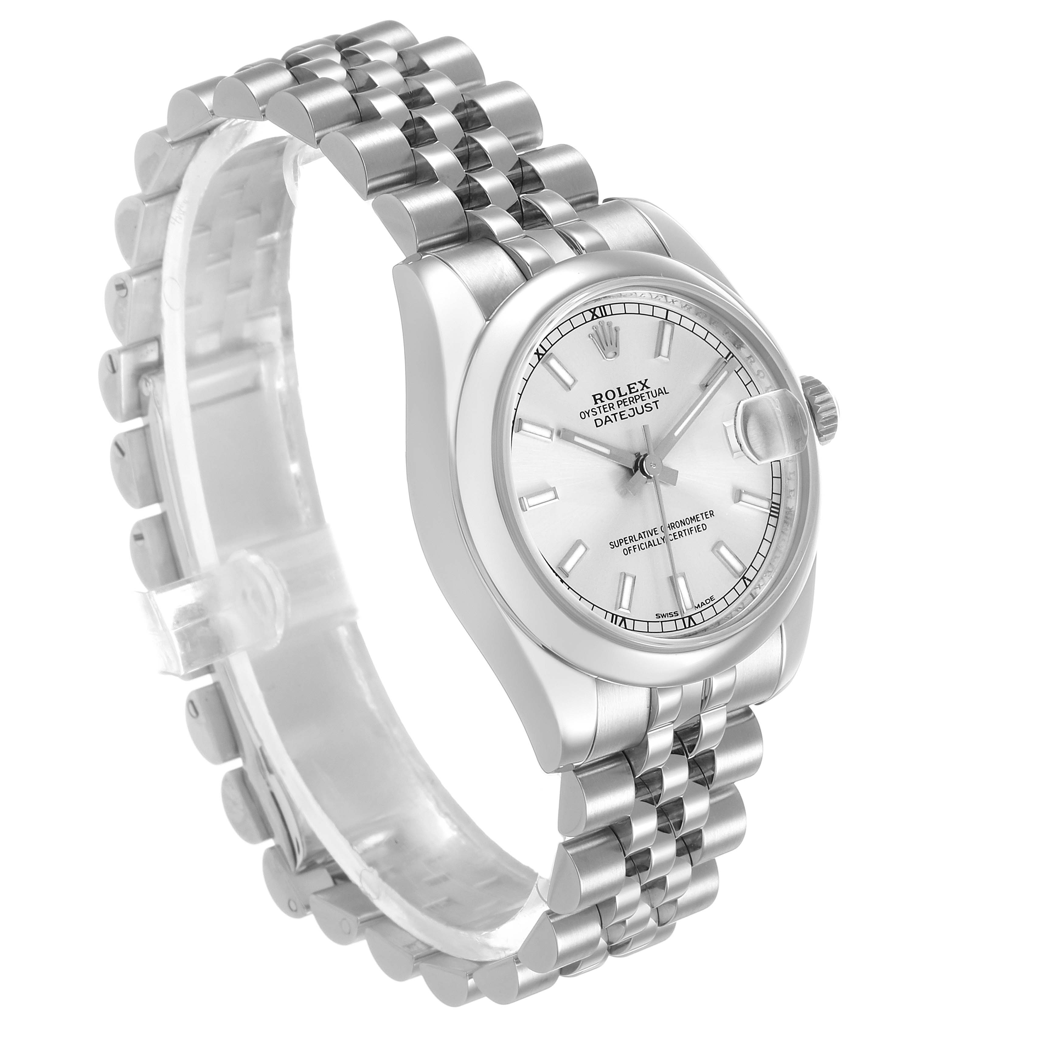 The Rolex Datejust 178240 Women's Stainless Steel Silver Dial watch is shown from a three-quarter angle, highlighting the bezel, dial, and Jubilee bracelet.