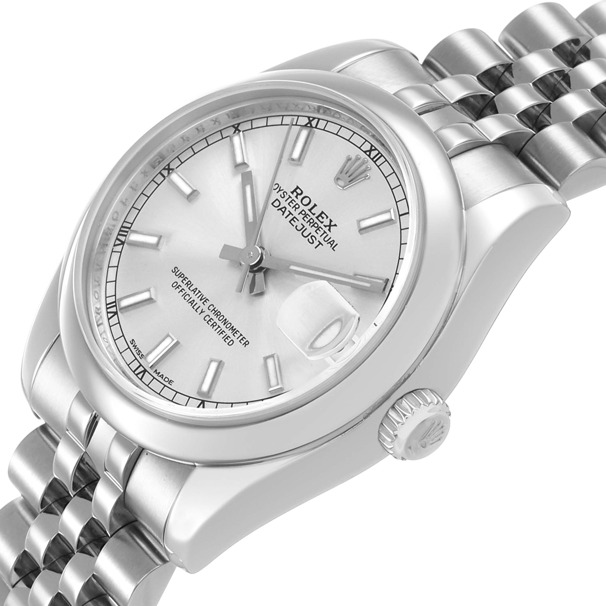 The Rolex Datejust 178240 Women's Stainless Steel Silver Dial watch is shown from an angled front view, displaying the dial, bezel, crown, and part of the bracelet.