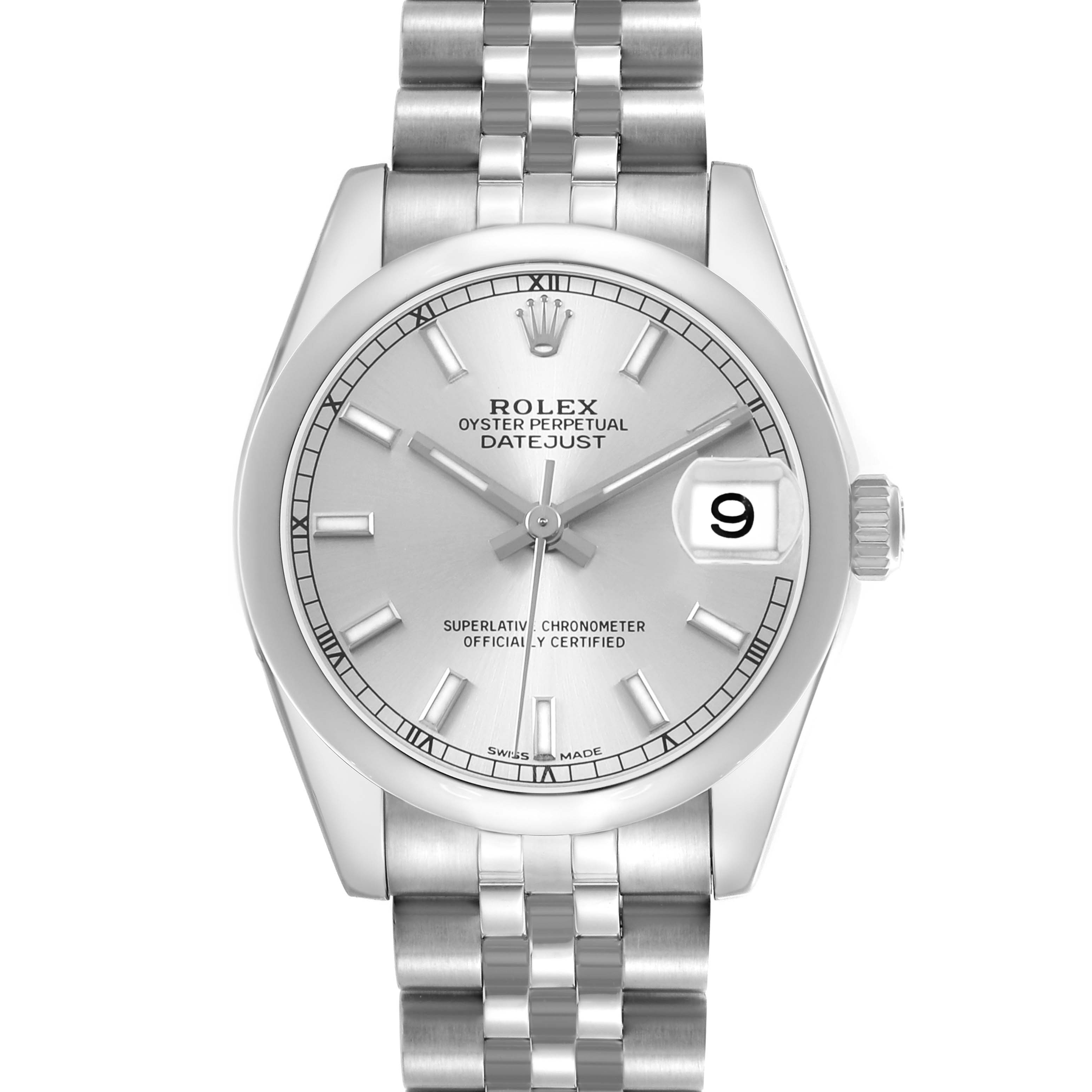 The Rolex Datejust 178240 Women's Stainless Steel Silver Dial watch is shown from the front, displaying the dial, bracelet, and date window.