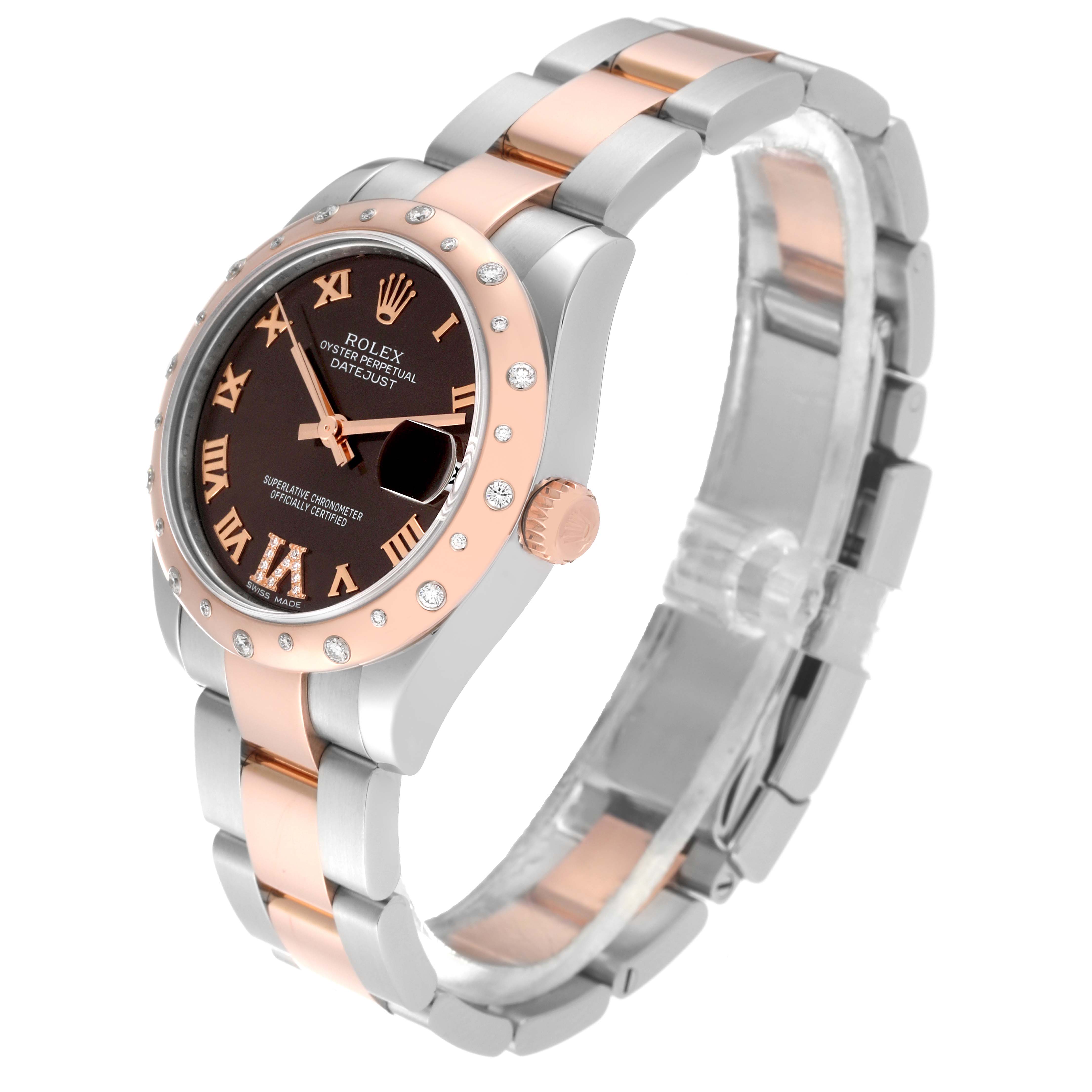 The Rolex Mid-Size 178341 Women's Steel and Gold (two tone) Brown Dial 178341 Women's Steel and Gold (two tone) Brown Dial watch is shown at an angle highlighting the face, dial, crown, and bracelet.