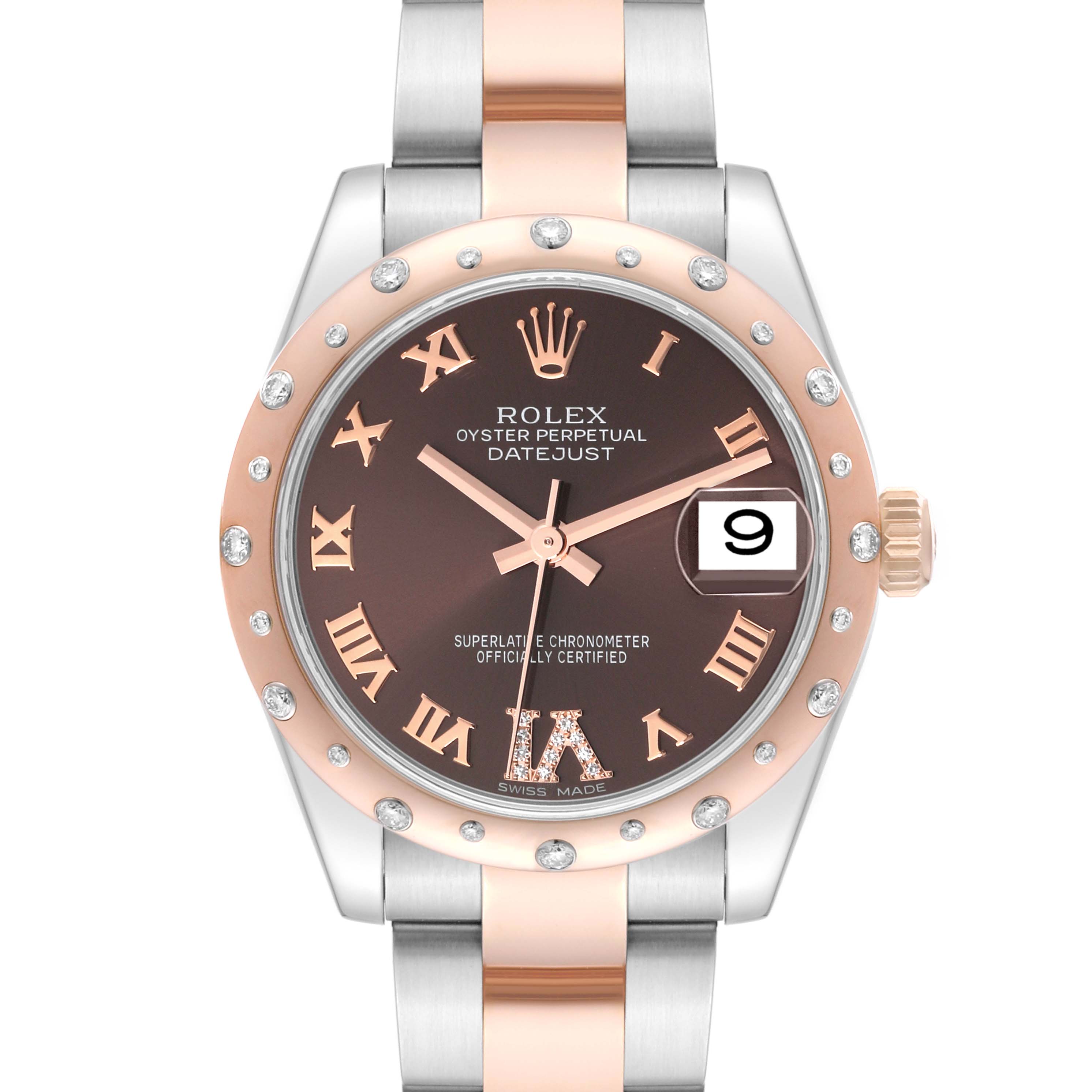 This image shows a front view of the Rolex Datejust Mid-Size watch, featuring a rose gold bezel, brown dial, and date window.
