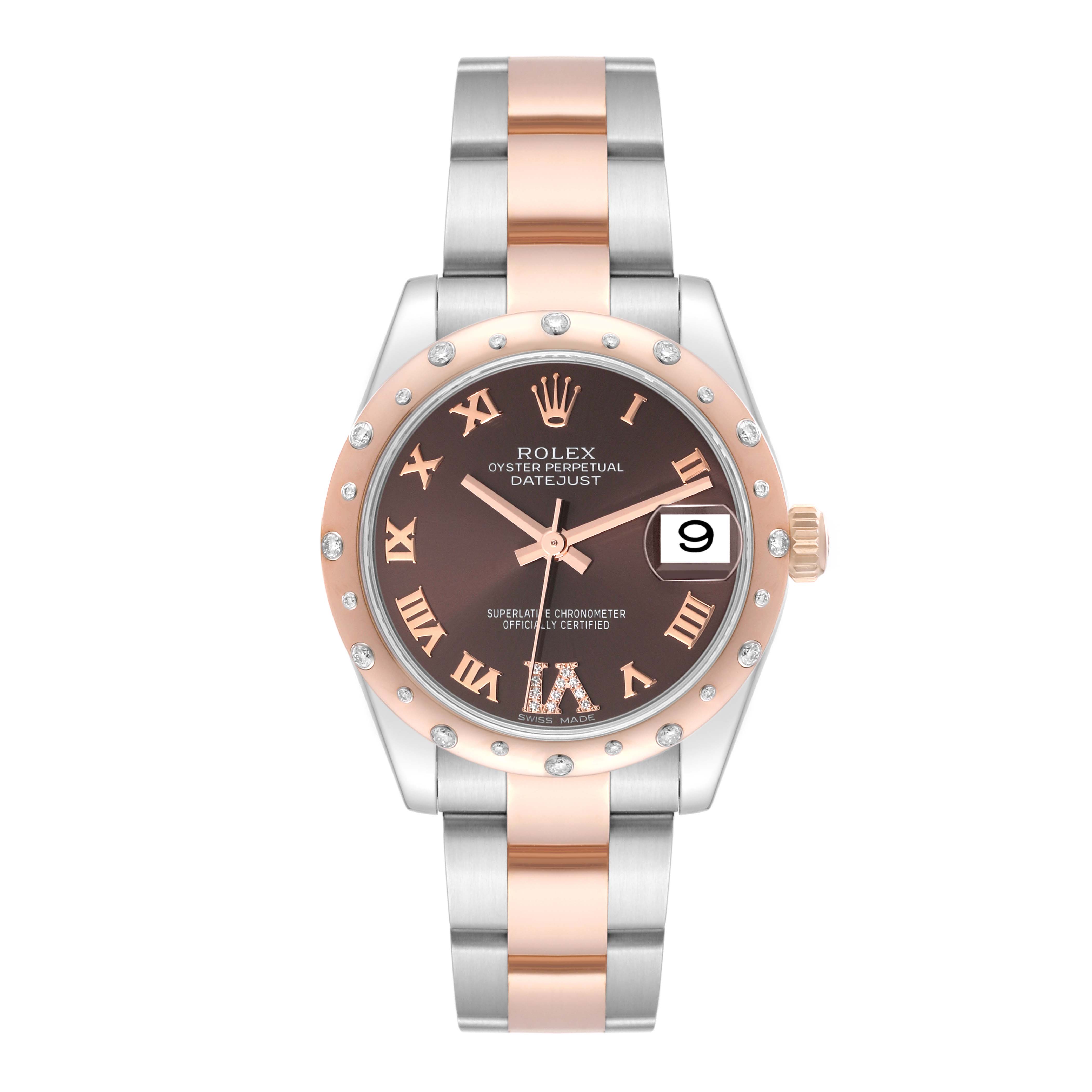 The image shows a front view of the Rolex Oyster Perpetual Datejust Mid-Size watch with a two-tone band and diamond-set bezel.