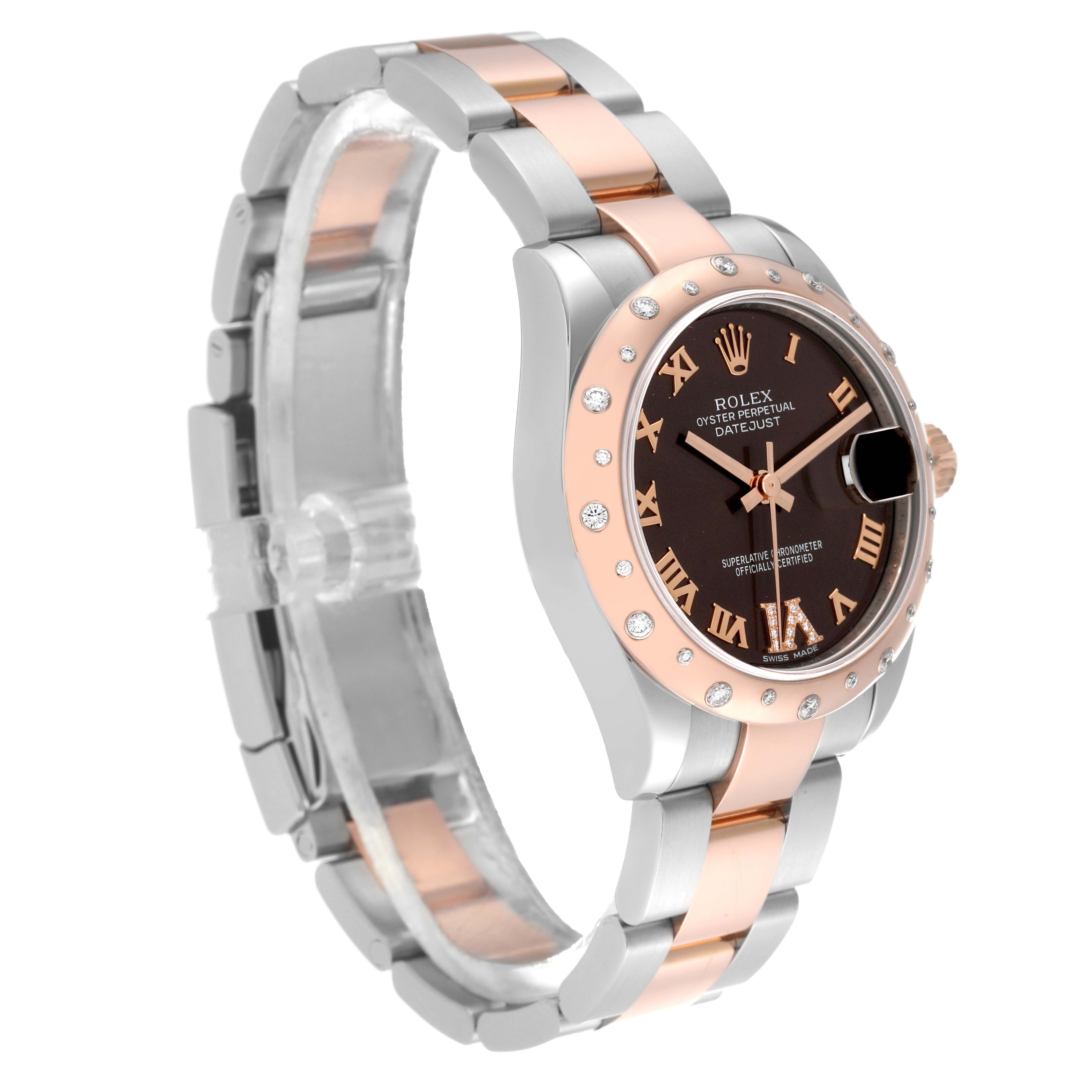 This image shows a side angle of a Rolex Mid-Size 178341 Women's Steel and Gold (two tone) Brown Dial 178341 Women's Steel and Gold (two tone) Brown Dial Datejust watch, highlighting the two-tone bracelet, bezel, and dial details.