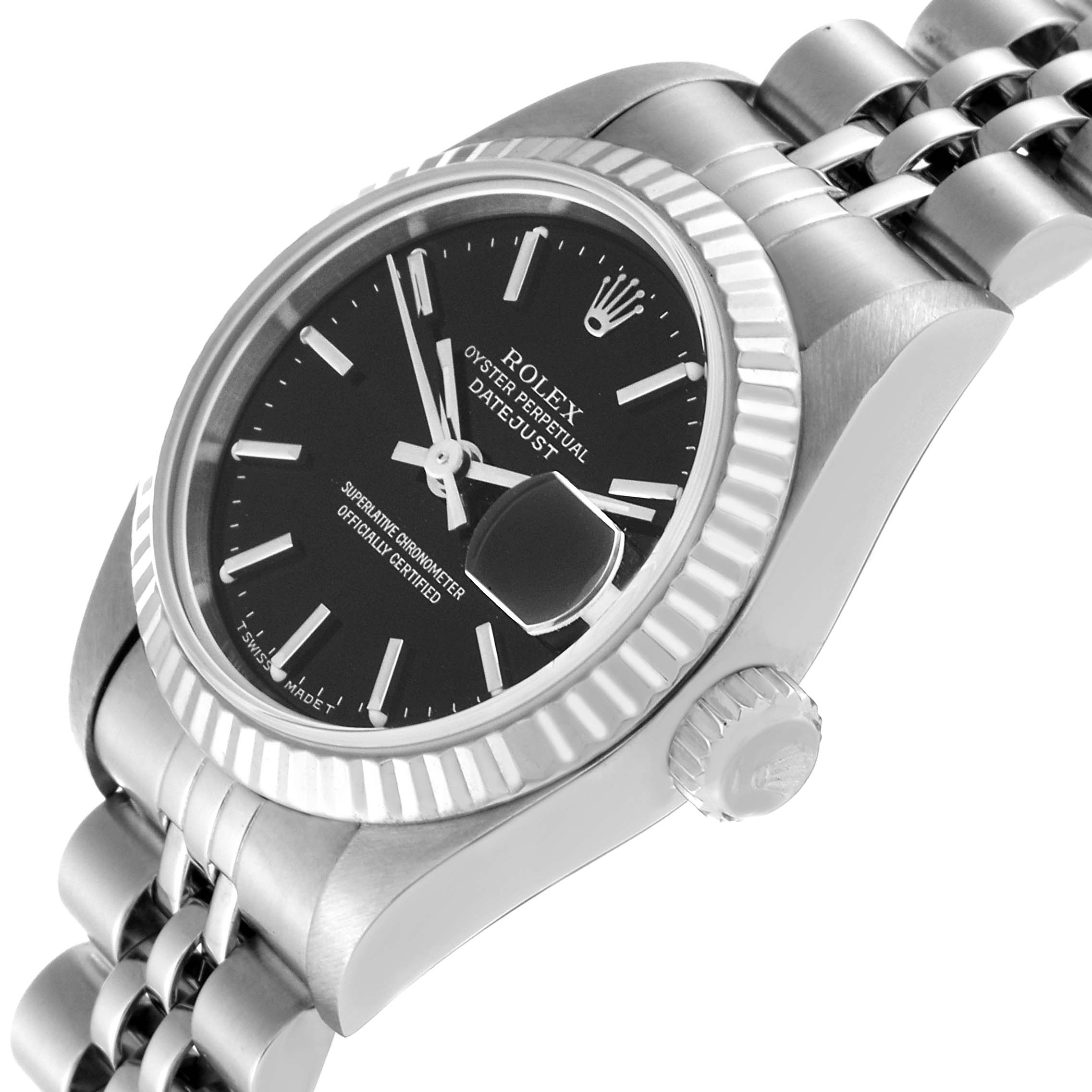 The image shows a side angle of a Rolex Datejust 79174 Women's Stainless Steel Black Dial 79174 Women's Stainless Steel Black Dial watch, highlighting its bezel, crown, black dial, and part of the bracelet.