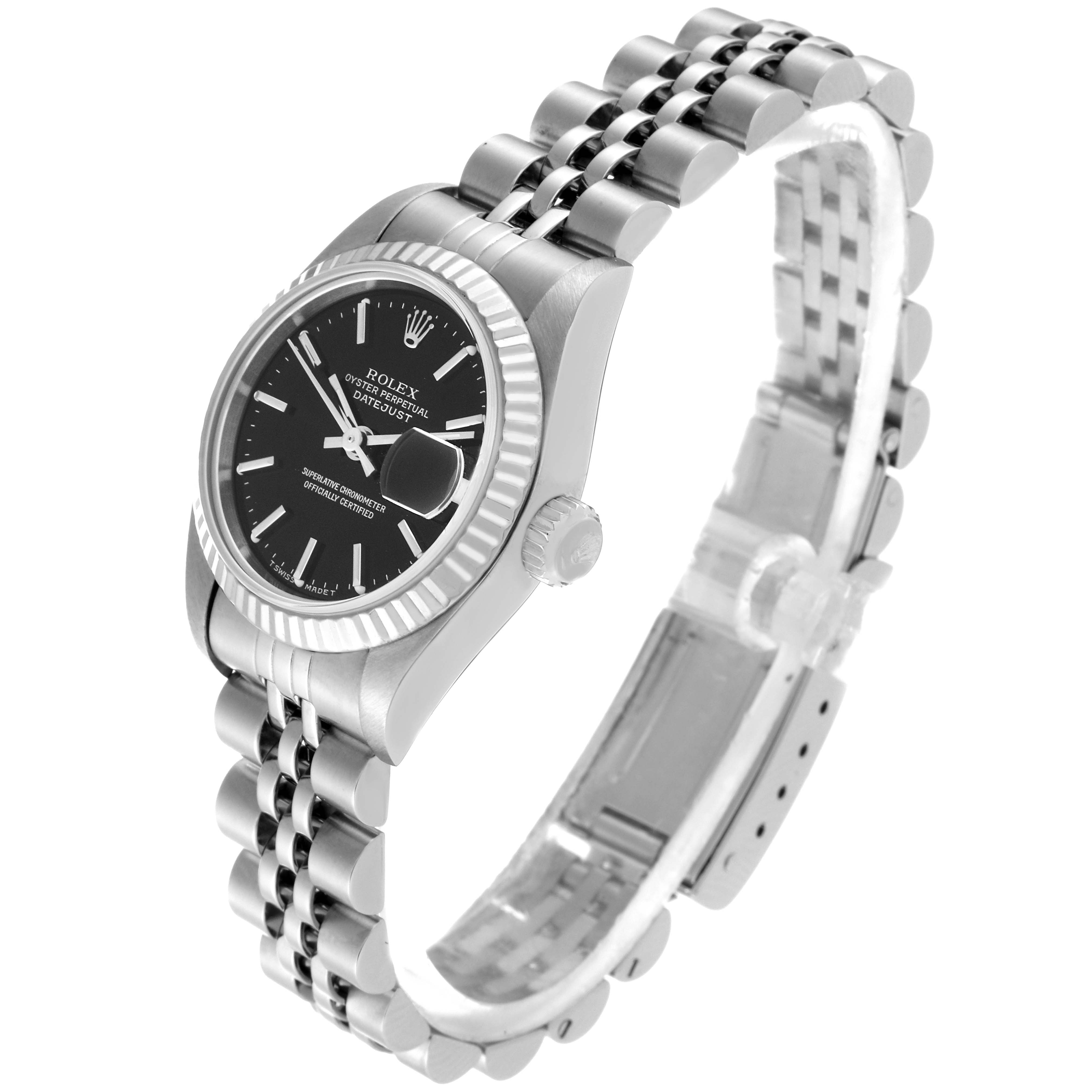 This image shows a side view of a Rolex Datejust 79174 Women's Stainless Steel Black Dial 79174 Women's Stainless Steel Black Dial watch featuring the watch face, bezel, and bracelet.