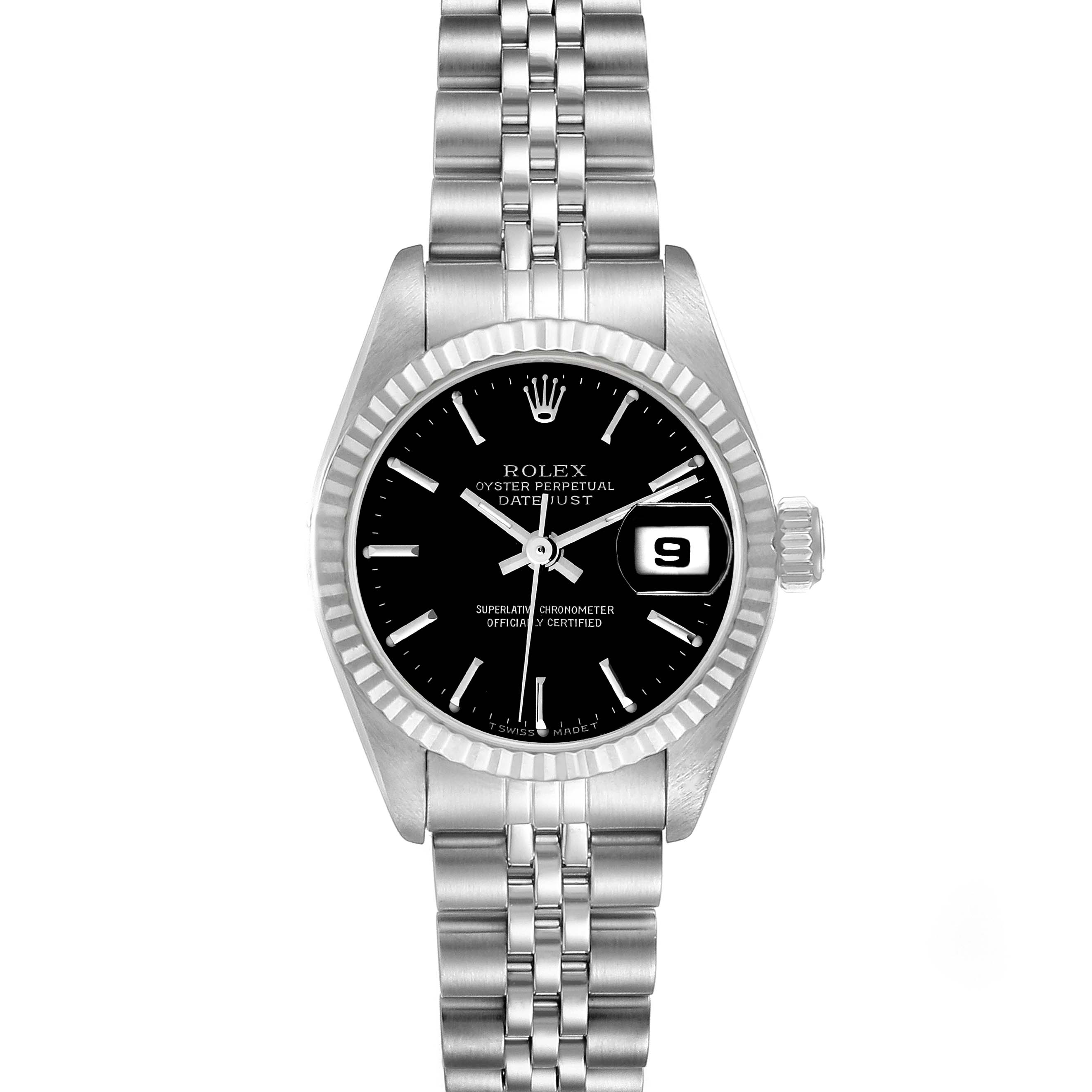 This image shows a front view of the Rolex Datejust 79174 Women's Stainless Steel Black Dial 79174 Women's Stainless Steel Black Dial watch, highlighting its black dial, fluted bezel, jubilee bracelet, and date display.