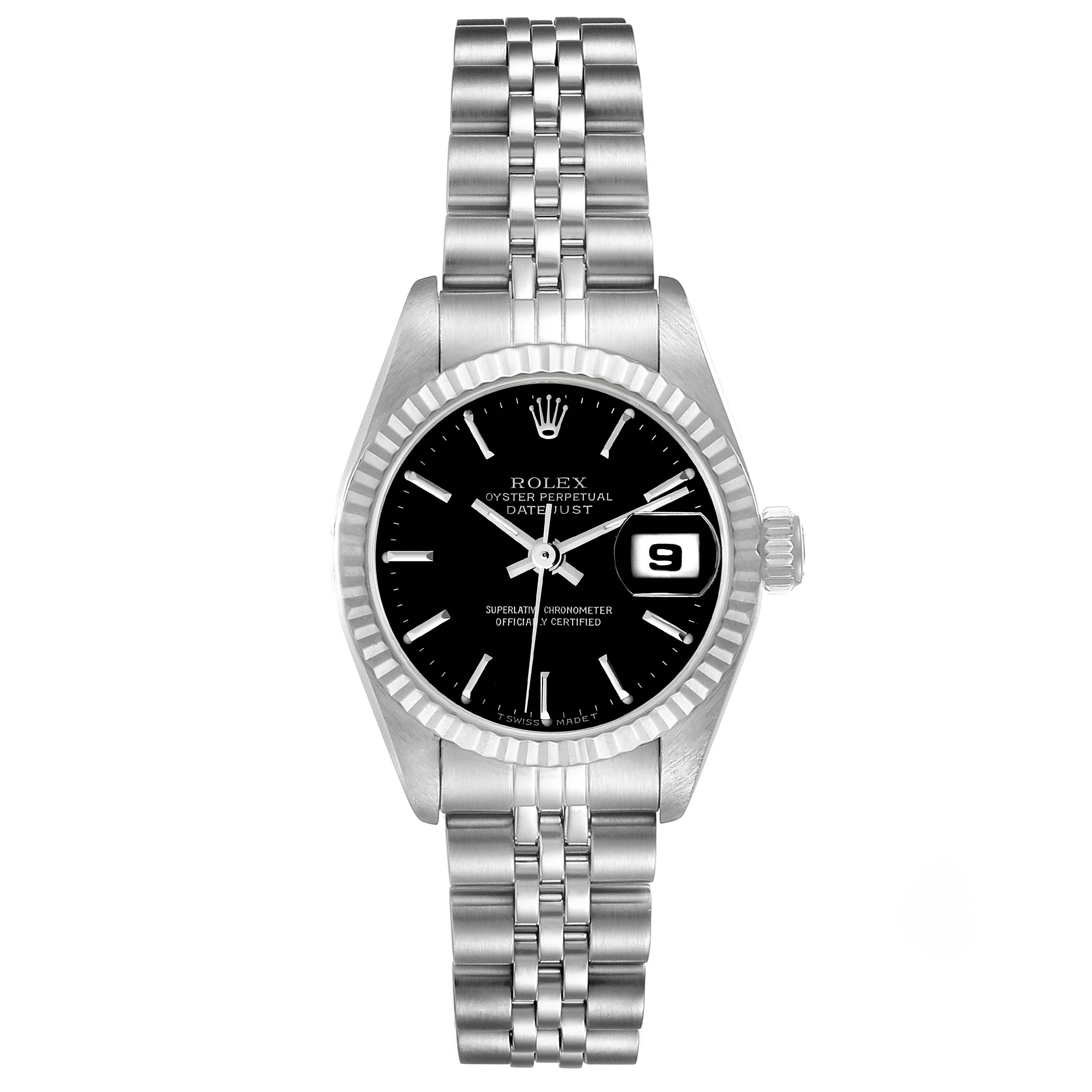 The image shows a front view of a Rolex Datejust 79174 Women's Stainless Steel Black Dial 79174 Women's Stainless Steel Black Dial watch with a Jubilee bracelet and a black dial.