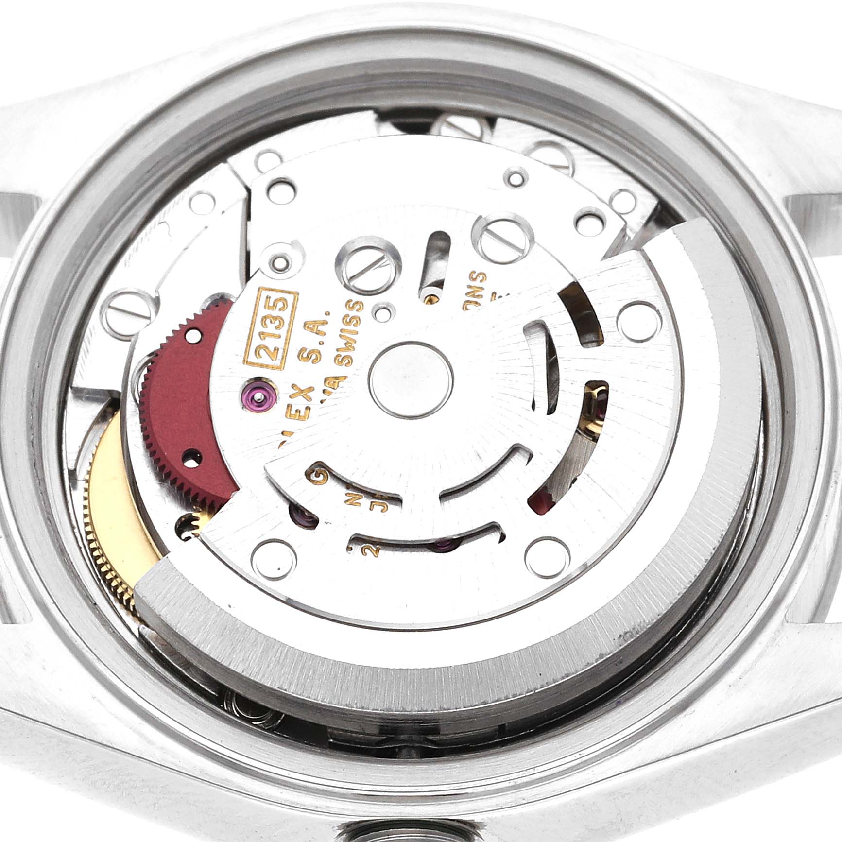 This image shows the internal mechanism of a Rolex Datejust 79174 Women's Stainless Steel Black Dial 79174 Women's Stainless Steel Black Dial watch, focusing on its movement from a back view.