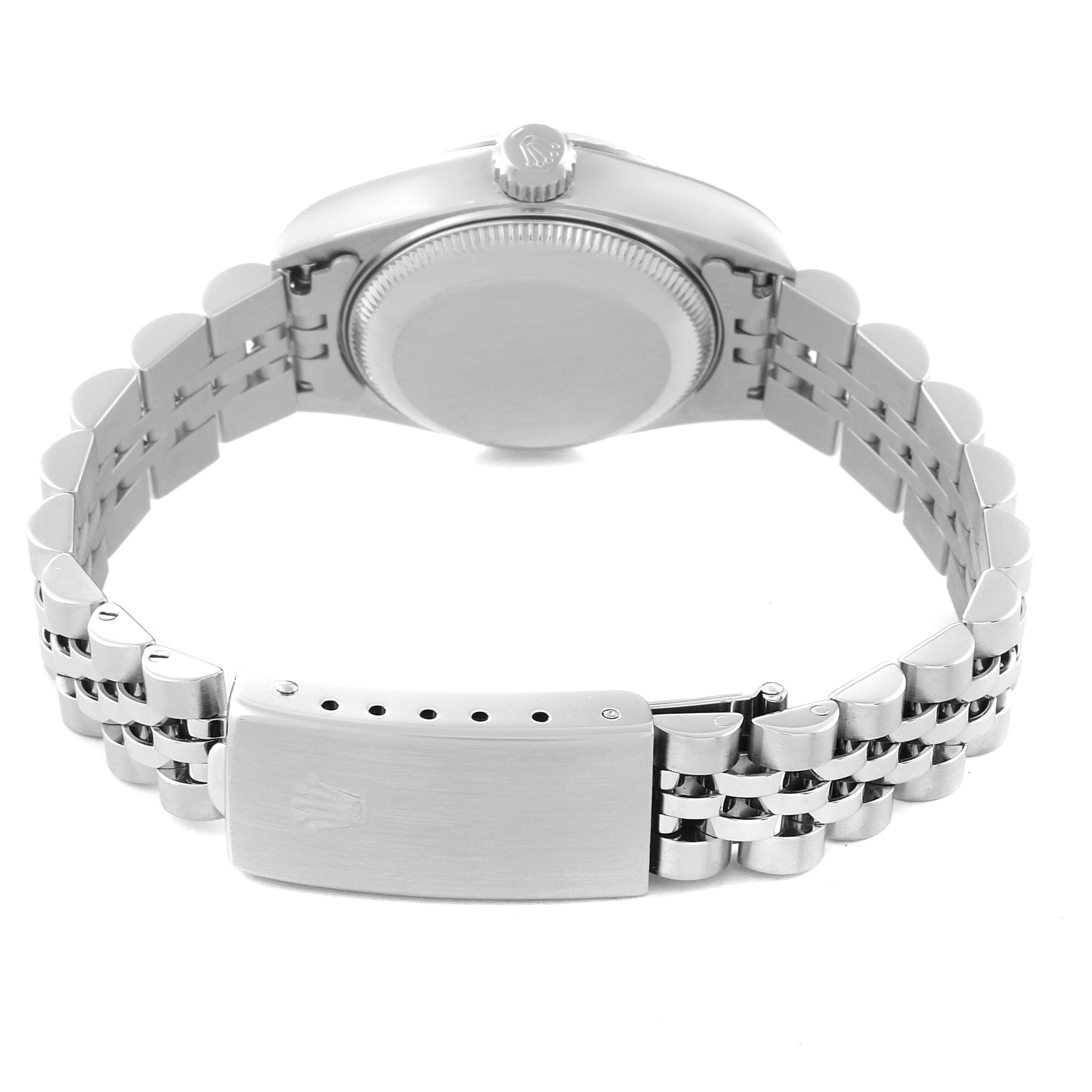 The image shows the back case, crown, and bracelet of a Rolex Datejust 79174 Women's Stainless Steel Black Dial 79174 Women's Stainless Steel Black Dial watch from a rear angle.