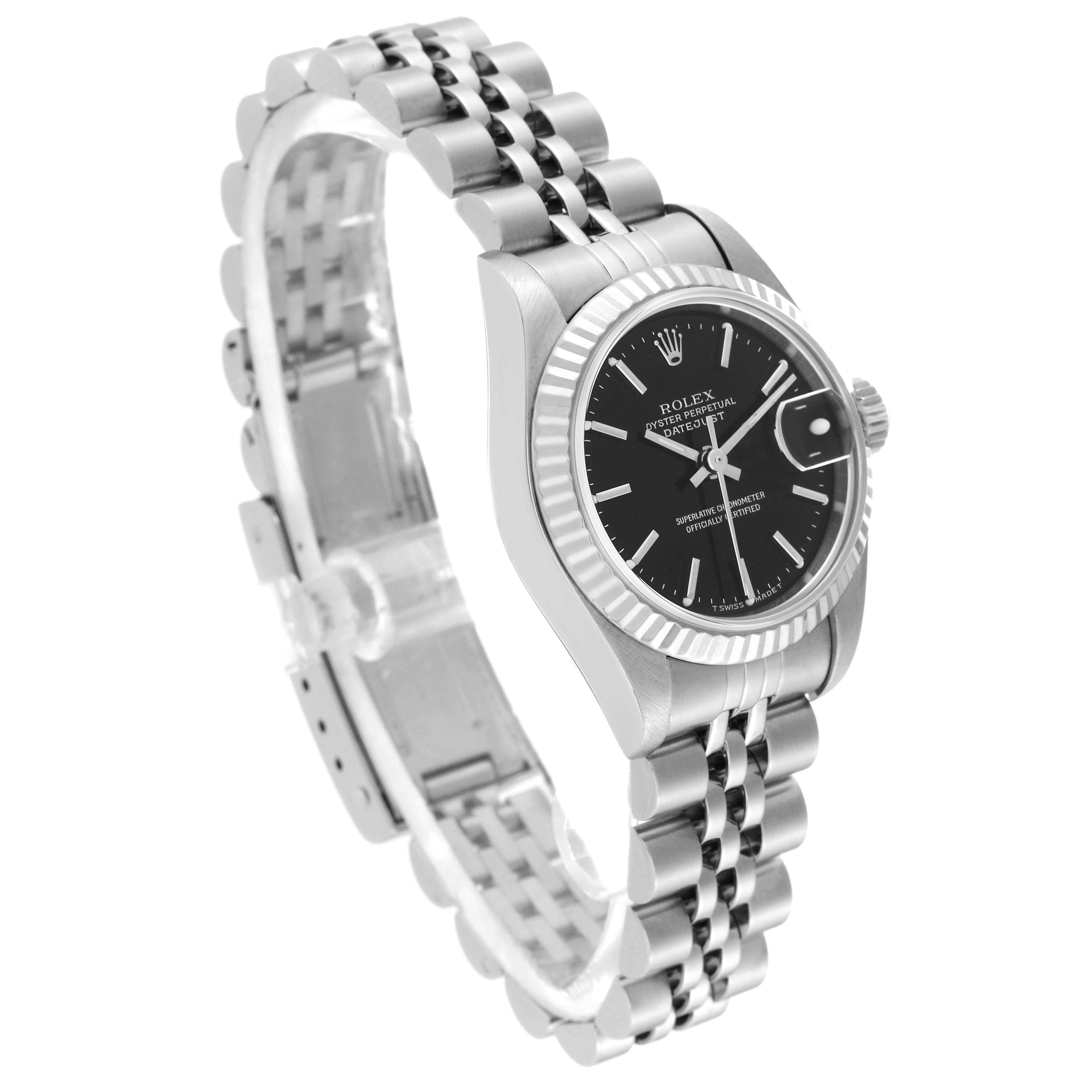 The image shows a Rolex Datejust 79174 Women's Stainless Steel Black Dial 79174 Women's Stainless Steel Black Dial watch angled slightly from the front, displaying the face, bezel, and bracelet.