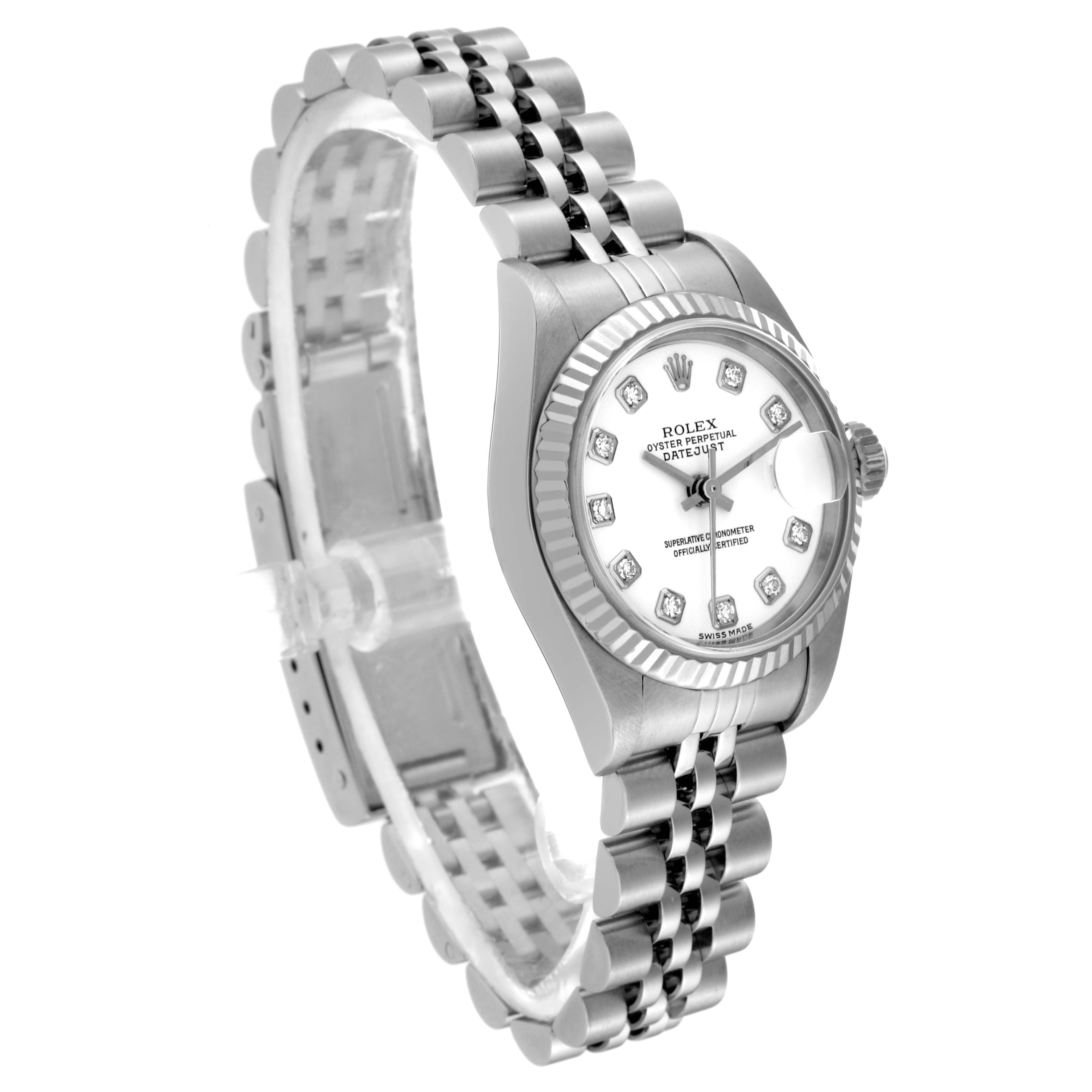 The image shows a side view of a Rolex Datejust 79174 Women's Stainless Steel White Dial 79174 Women's Stainless Steel White Dial watch, highlighting its face, bezel, and bracelet.