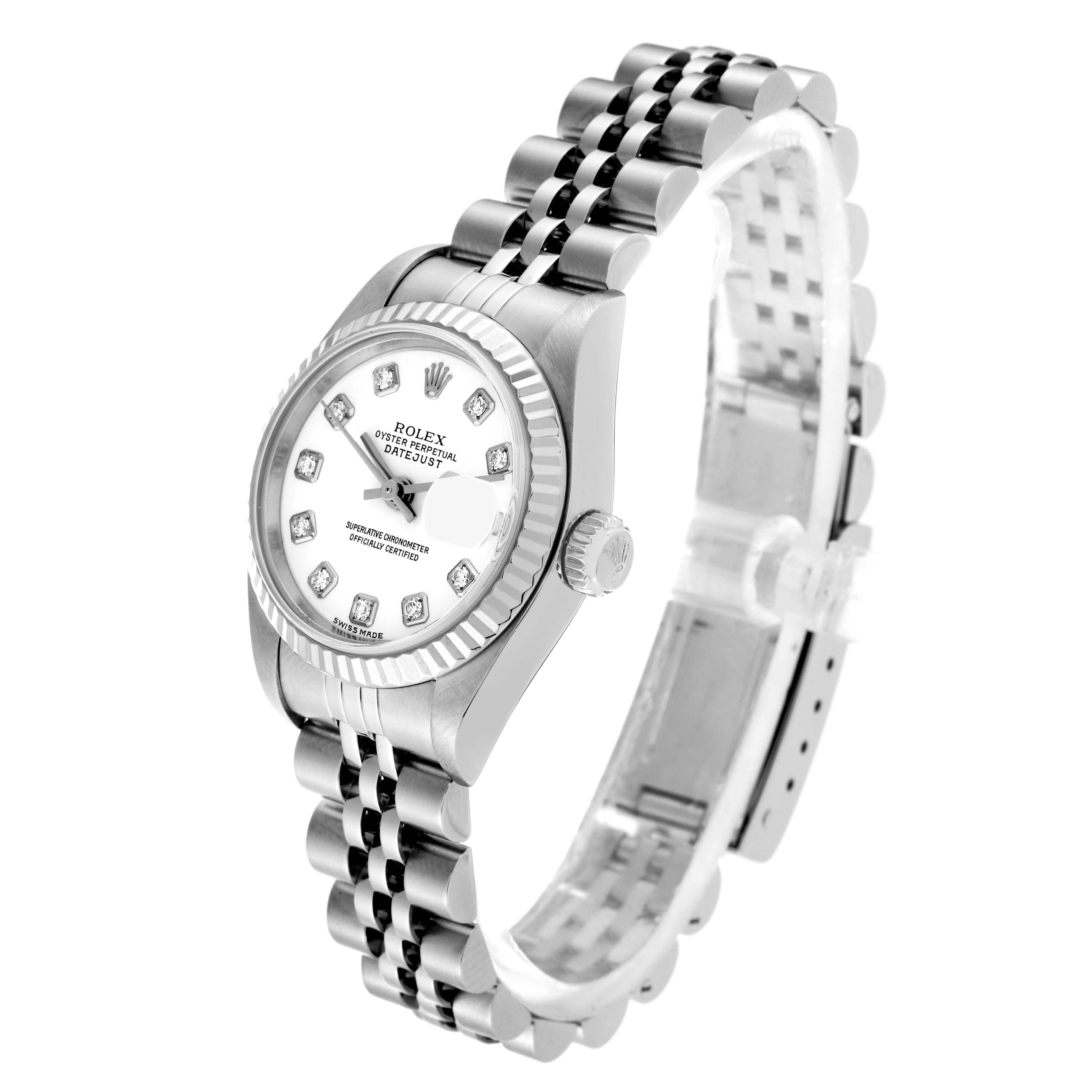 The Rolex Datejust 79174 Women's Stainless Steel White Dial 79174 Women's Stainless Steel White Dial watch is shown at a three-quarter angle, highlighting its face, bezel, and Jubilee bracelet.