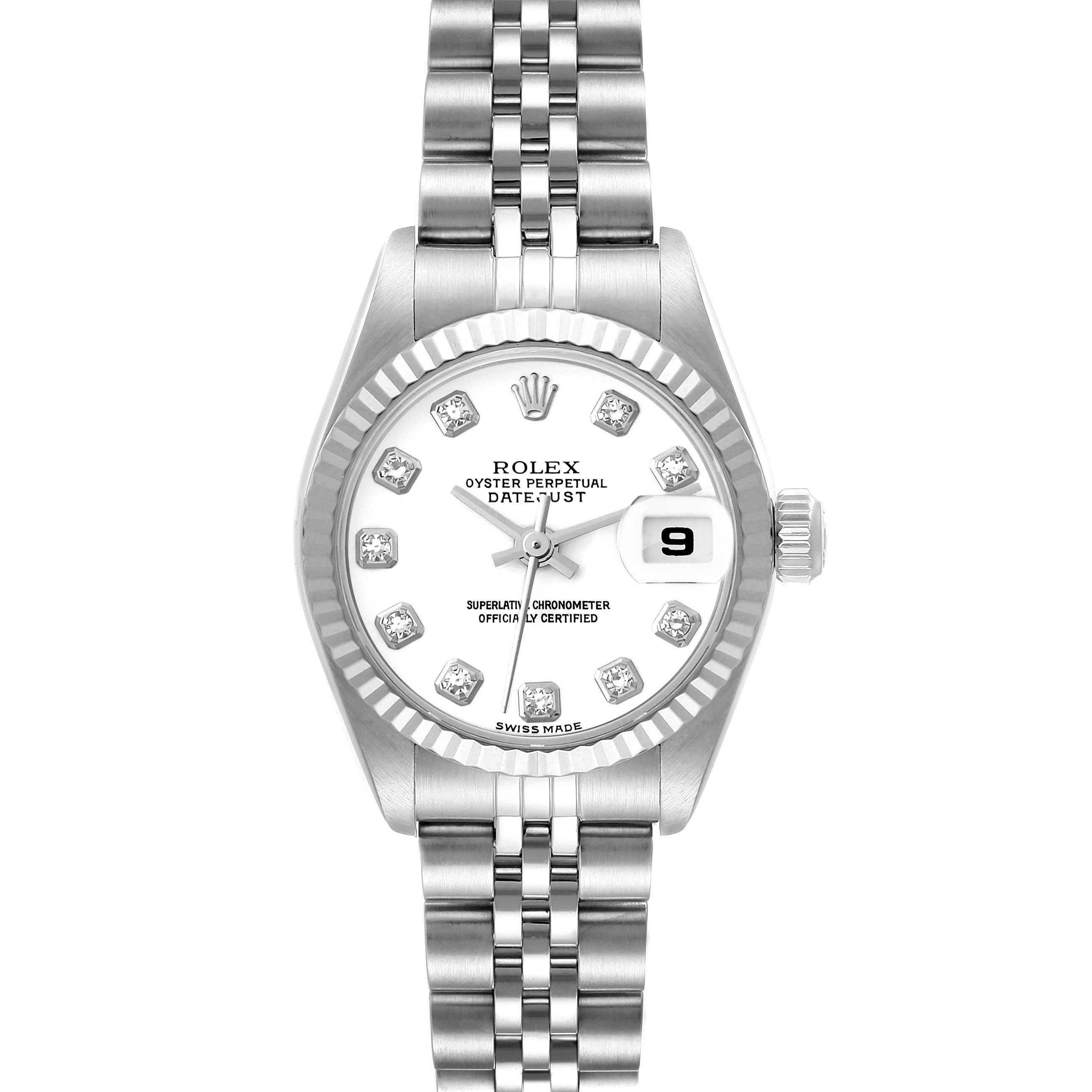 The image shows a front view of a Rolex Datejust 79174 Women's Stainless Steel White Dial 79174 Women's Stainless Steel White Dial watch, highlighting its dial, bezel, and bracelet.