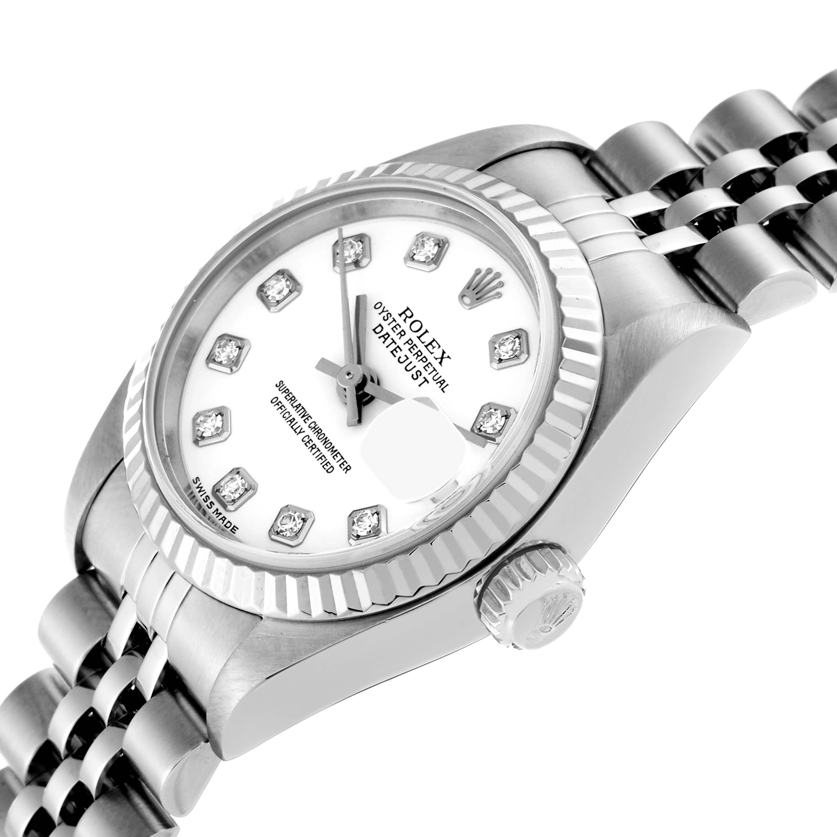 The image shows a close-up angle of a Rolex Datejust 79174 Women's Stainless Steel White Dial 79174 Women's Stainless Steel White Dial watch, highlighting its dial, crown, and bracelet.