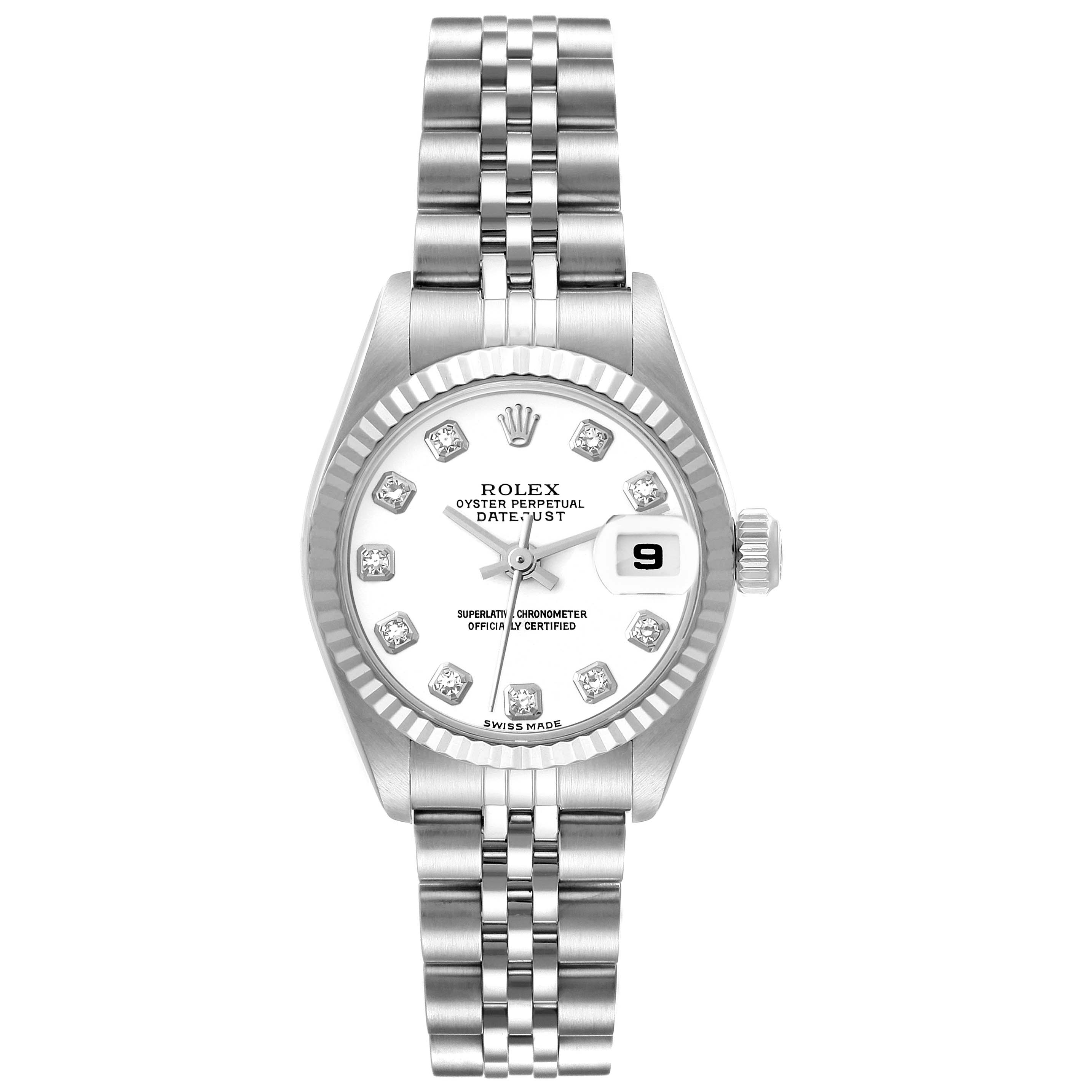 This image shows a front view of the Rolex Datejust 79174 Women's Stainless Steel White Dial 79174 Women's Stainless Steel White Dial watch, displaying the dial, bracelet, bezel, and date window.