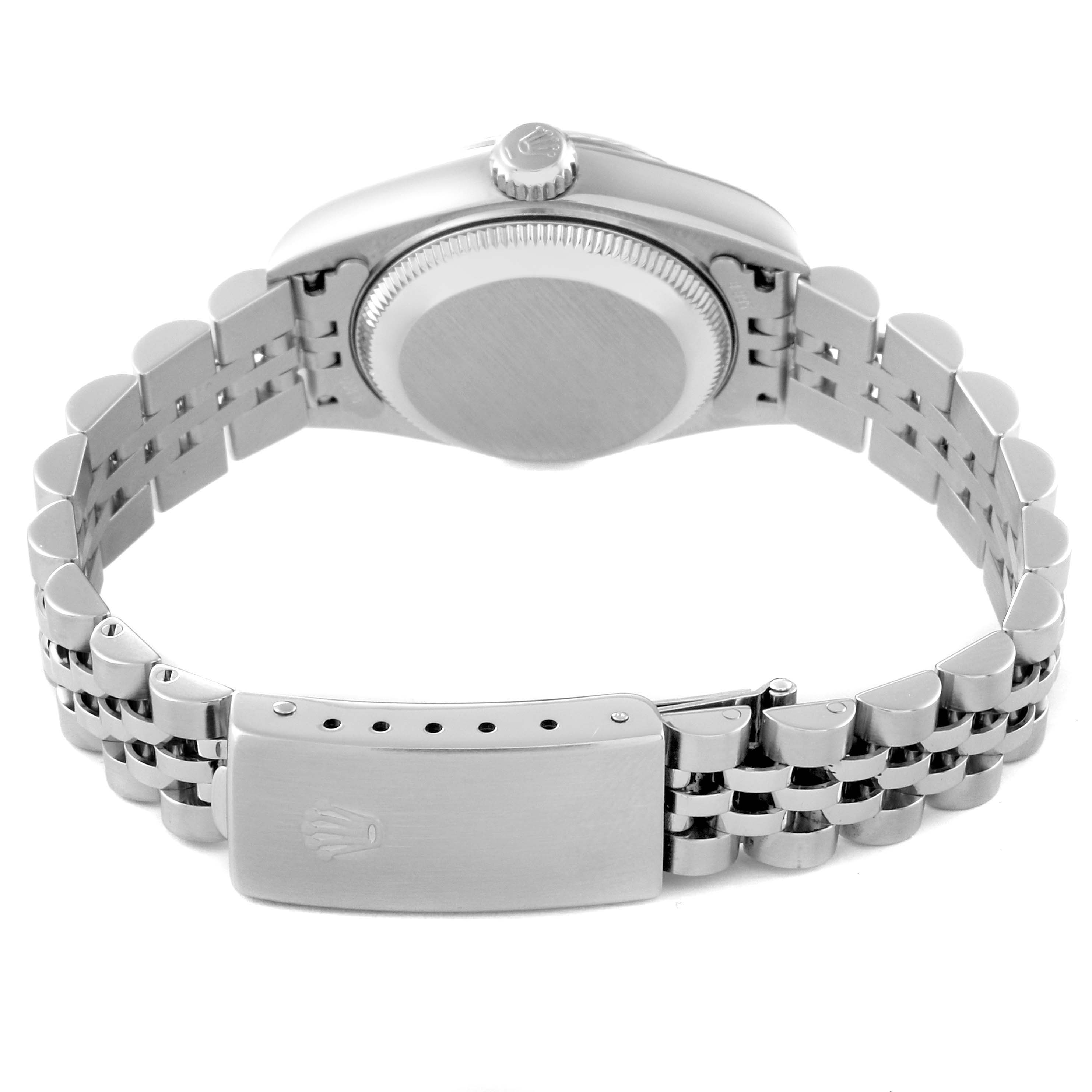 The image shows the back of a Rolex Datejust 79174 Women's Stainless Steel White Dial 79174 Women's Stainless Steel White Dial watch, displaying the clasp, bracelet, case back, and crown.