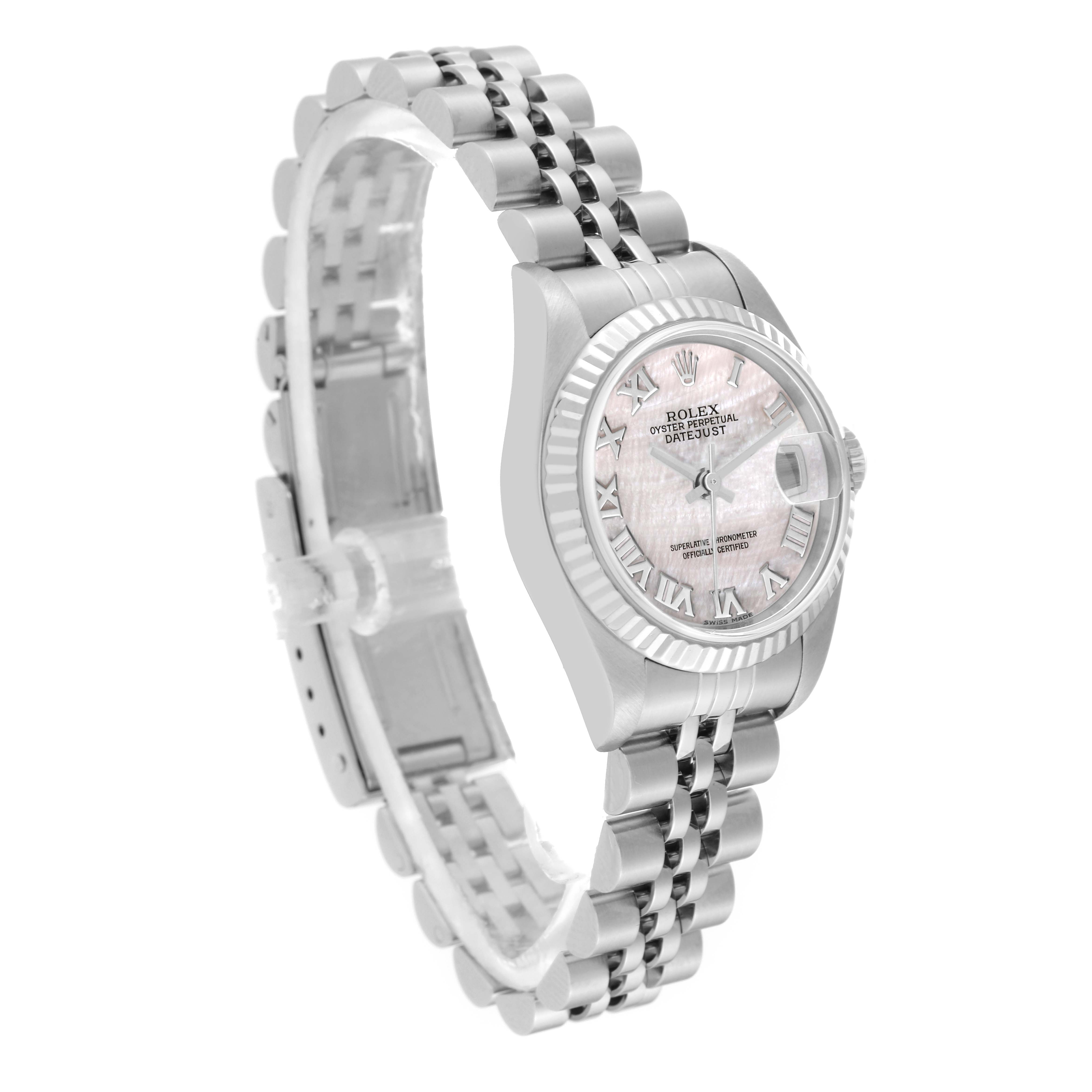 The image shows a Rolex Datejust 79174 Women's Stainless Steel Mother of Pearl Dial 79174 Women's Stainless Steel Mother of Pearl Dial model from a three-quarter angle, displaying the bezel, dial, and bracelet.