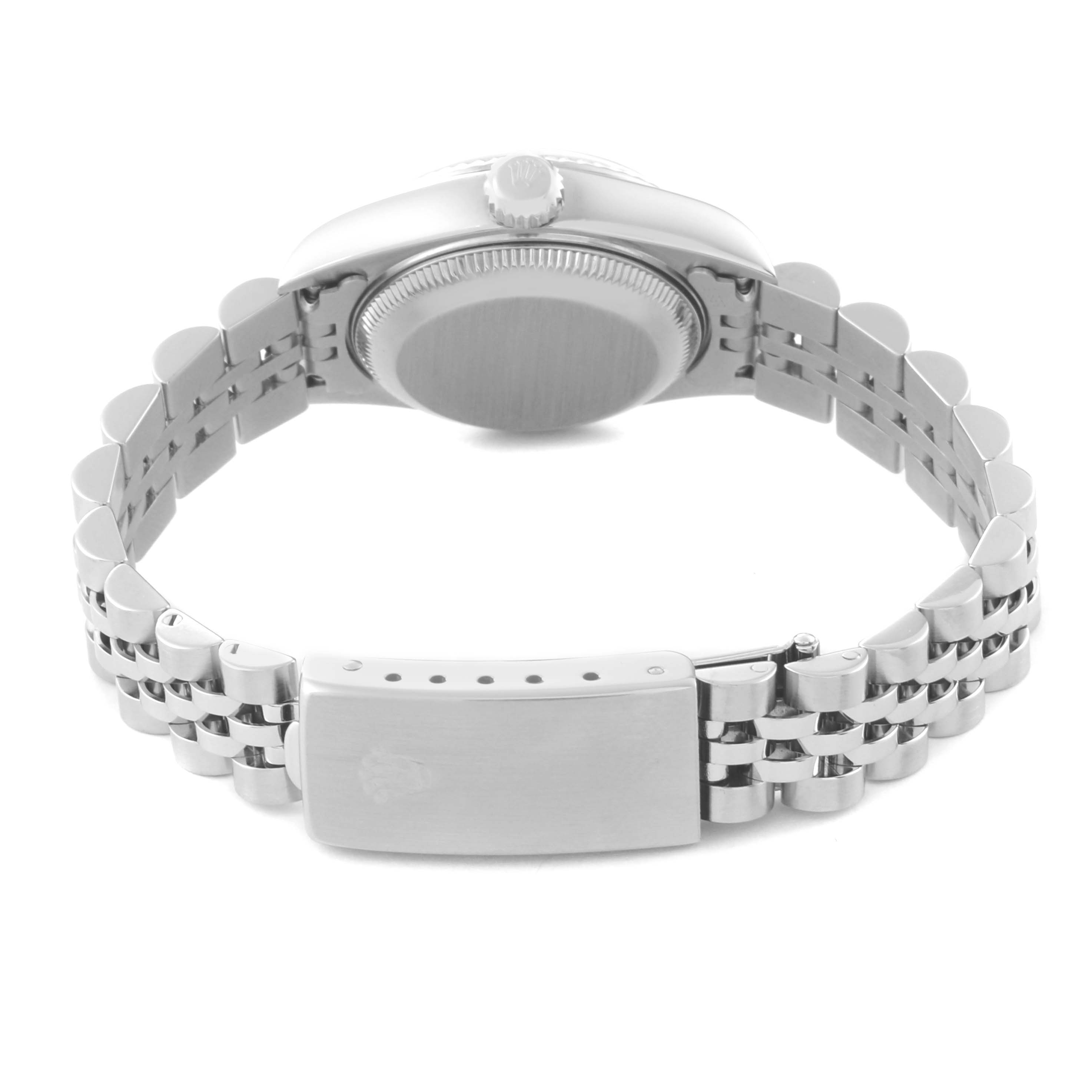 The image shows the back of a Rolex Datejust 79174 Women's Stainless Steel Mother of Pearl Dial 79174 Women's Stainless Steel Mother of Pearl Dial model, focusing on the case back, crown, and bracelet with a clasp.