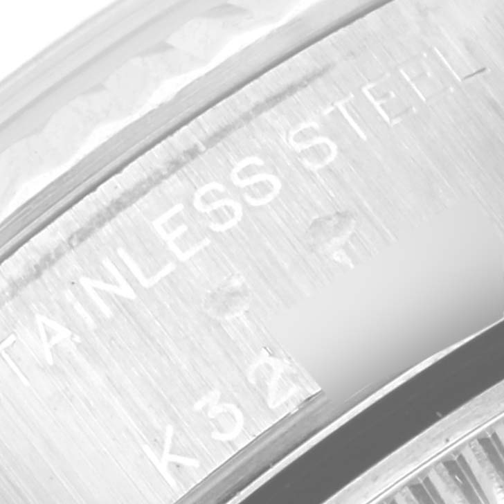 The image shows a close-up of the stainless steel case of a Rolex Datejust 79174 Women's Stainless Steel Mother of Pearl Dial 79174 Women's Stainless Steel Mother of Pearl Dial watch.