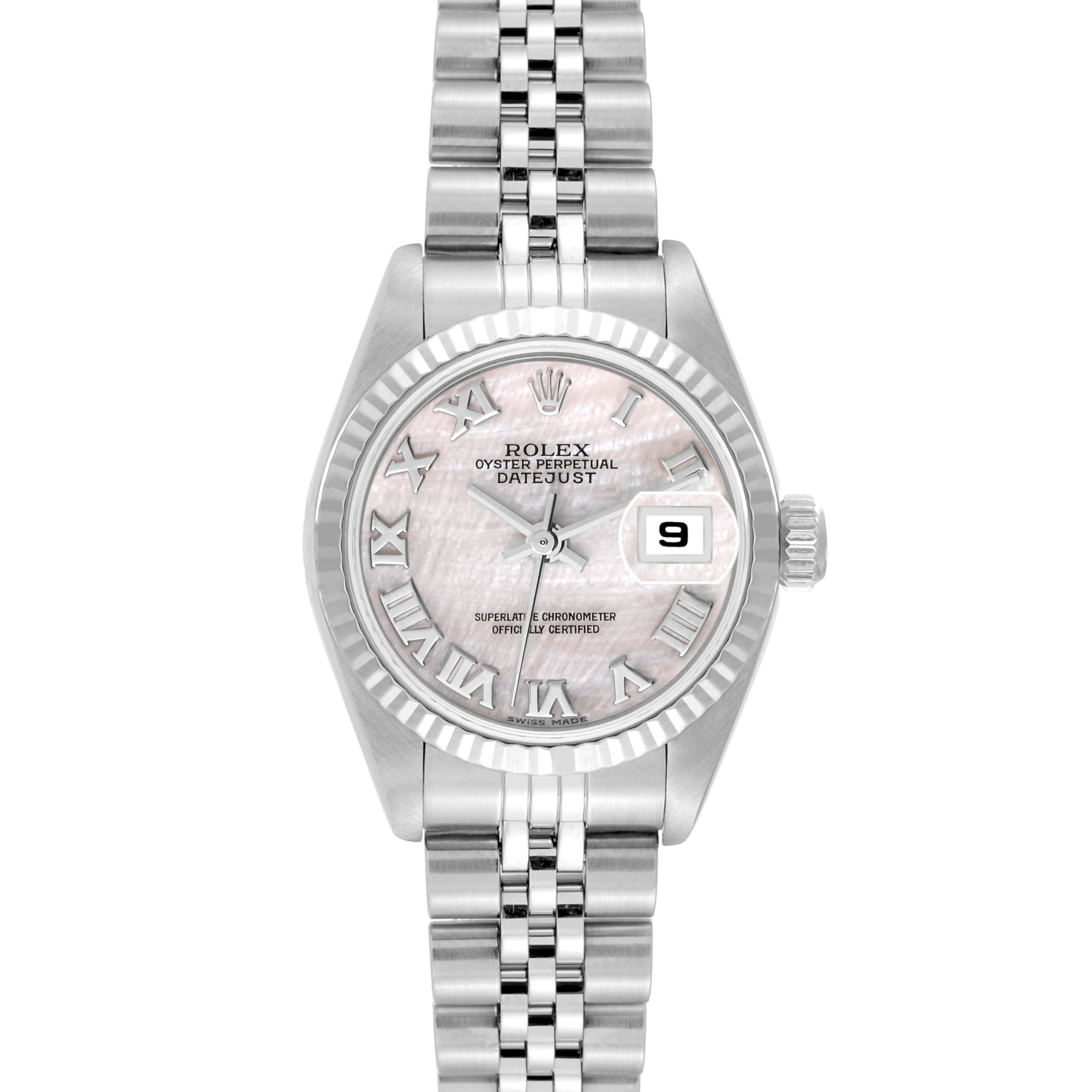 This image shows a Rolex Datejust 79174 Women's Stainless Steel Mother of Pearl Dial 79174 Women's Stainless Steel Mother of Pearl Dial watch from a straight-on angle, displaying the face, bezel, and part of the bracelet.