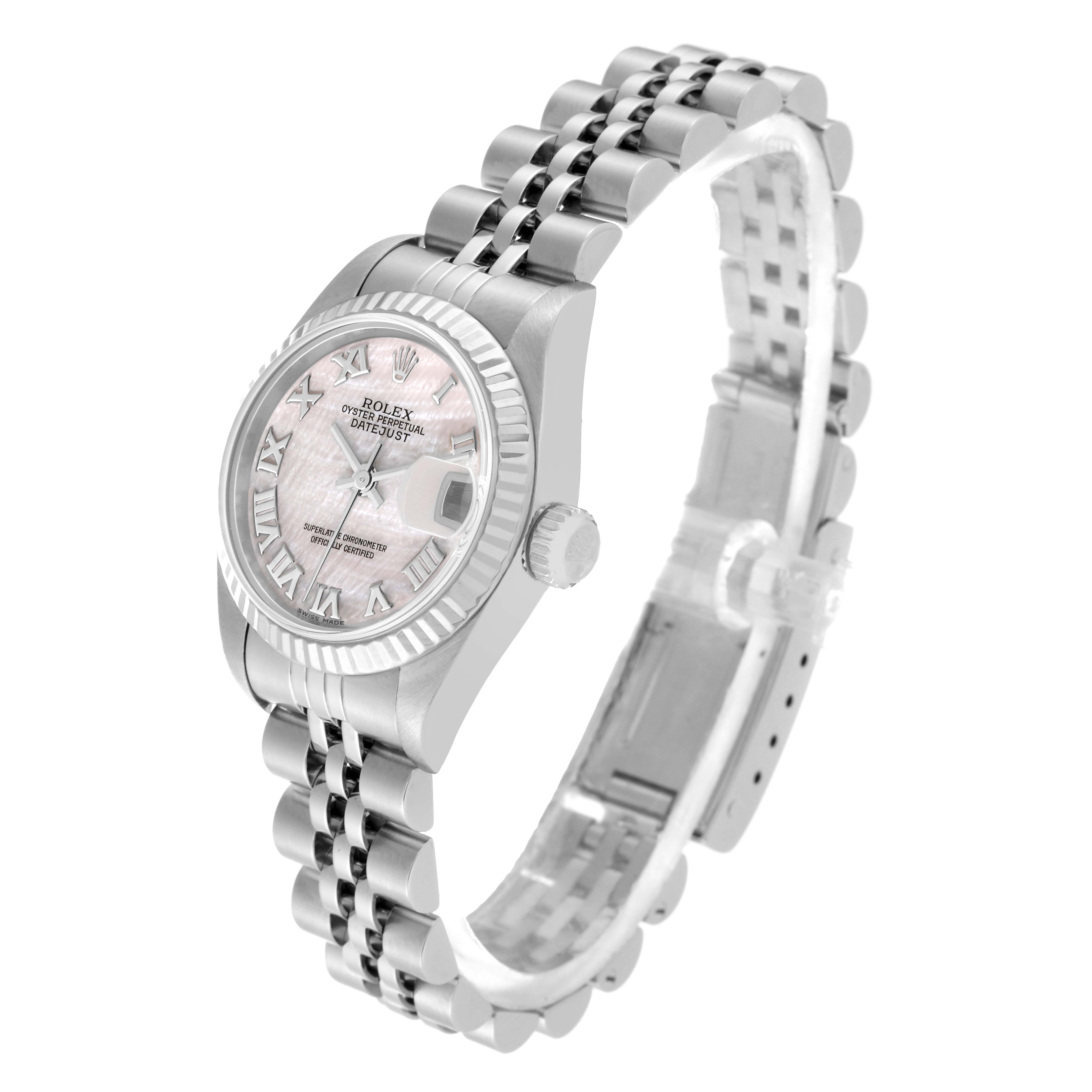 The image shows a side angle of a Rolex Datejust 79174 Women's Stainless Steel Mother of Pearl Dial 79174 Women's Stainless Steel Mother of Pearl Dial watch, highlighting its face, bezel, crown, and metal bracelet.