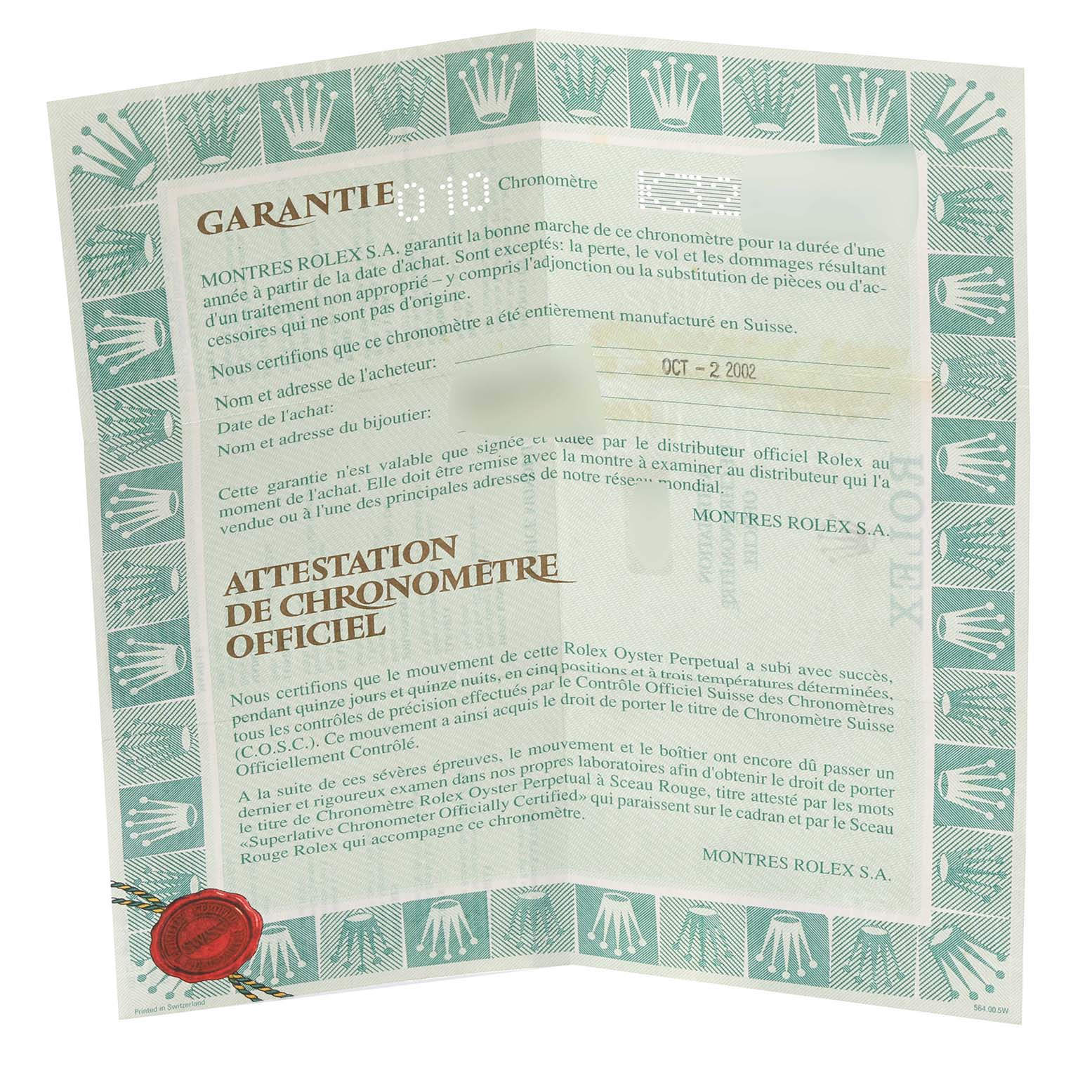 The image shows an unfolded warranty card with official chronometer certification for a Rolex Datejust 79174 Women's Stainless Steel Mother of Pearl Dial 79174 Women's Stainless Steel Mother of Pearl Dial watch.