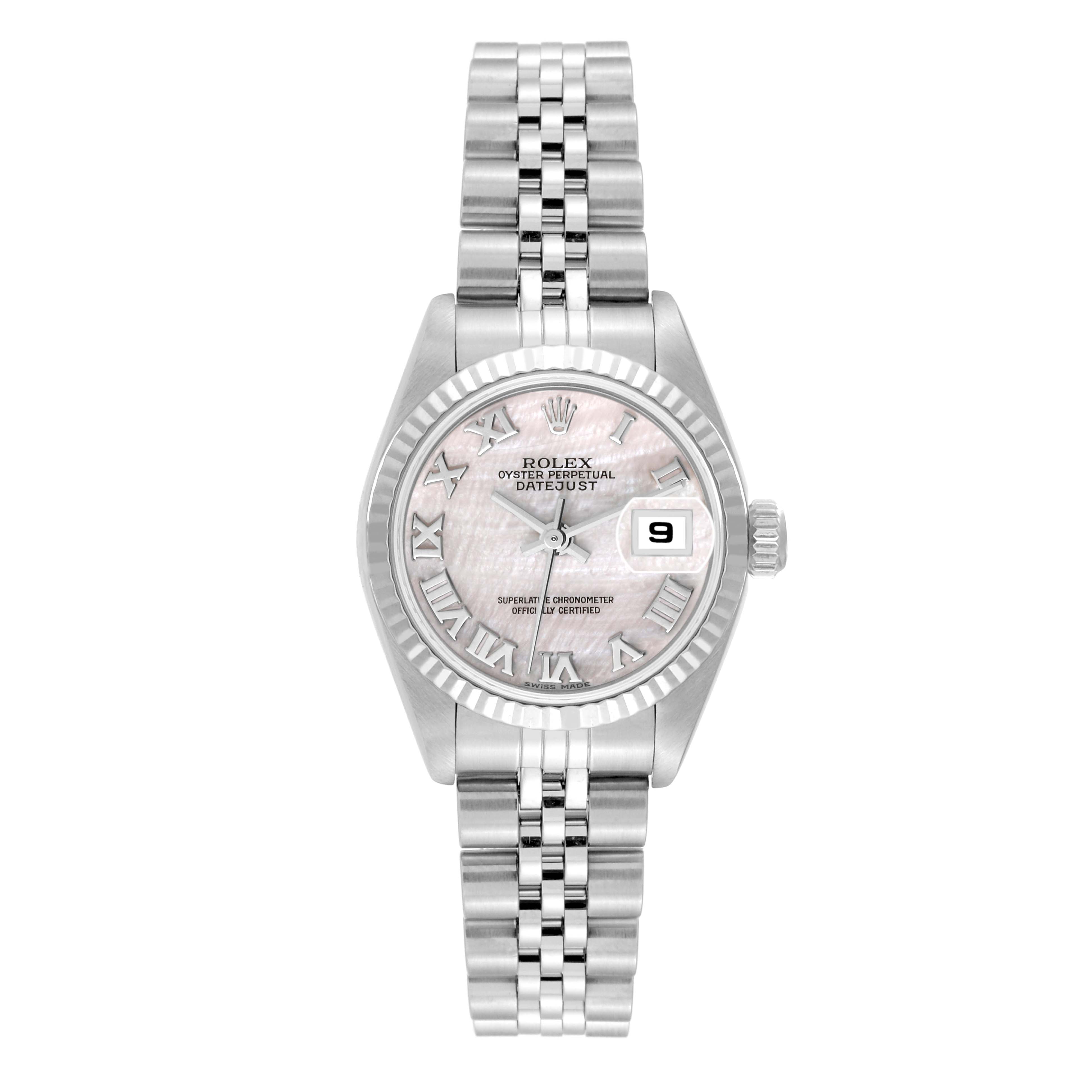 The Rolex Datejust 79174 Women's Stainless Steel Mother of Pearl Dial 79174 Women's Stainless Steel Mother of Pearl Dial watch is shown from the front, displaying its face, bezel, and a portion of the bracelet.