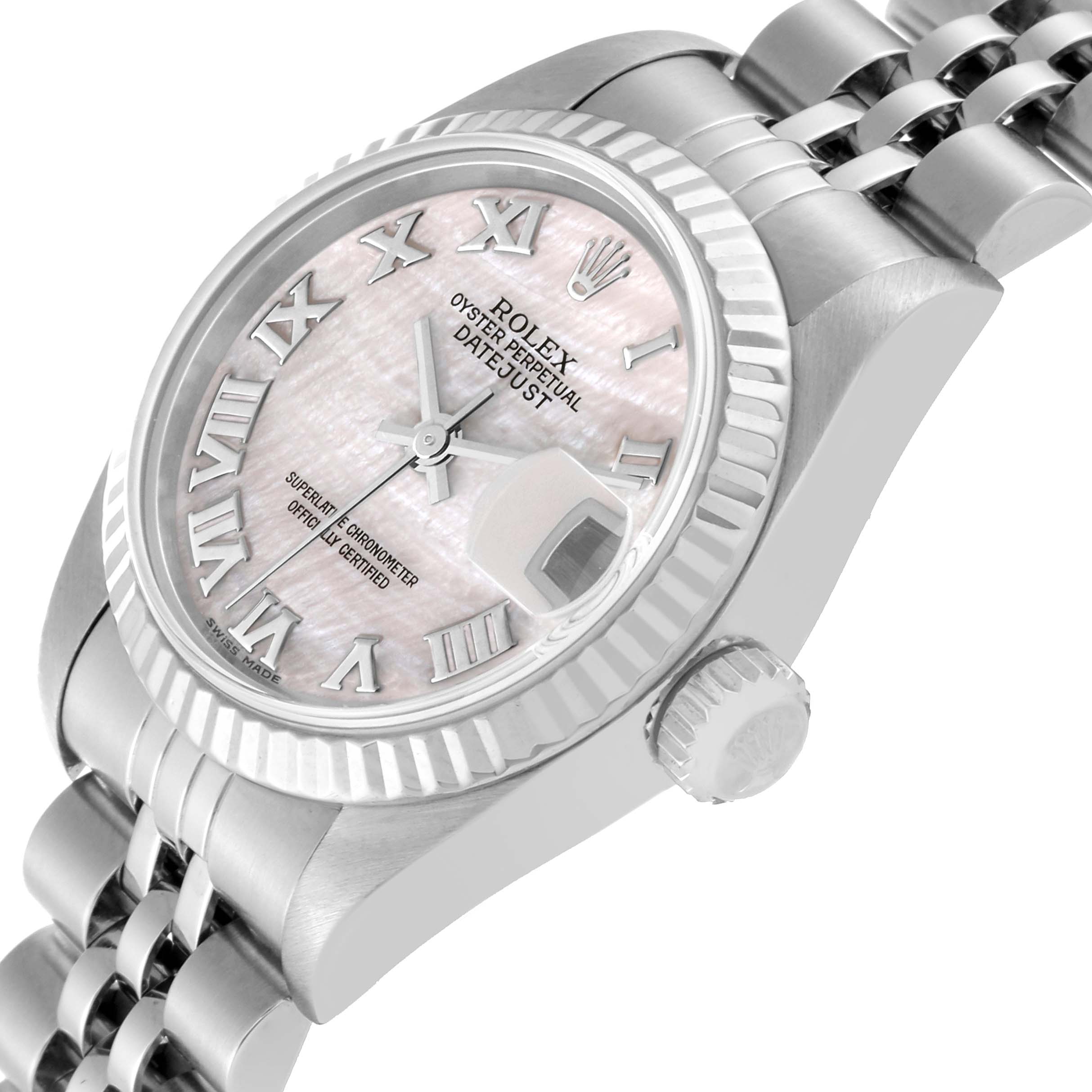 This image shows a close-up, angled view of a Rolex Datejust 79174 Women's Stainless Steel Mother of Pearl Dial 79174 Women's Stainless Steel Mother of Pearl Dial watch, highlighting the dial, crown, and part of the bracelet.