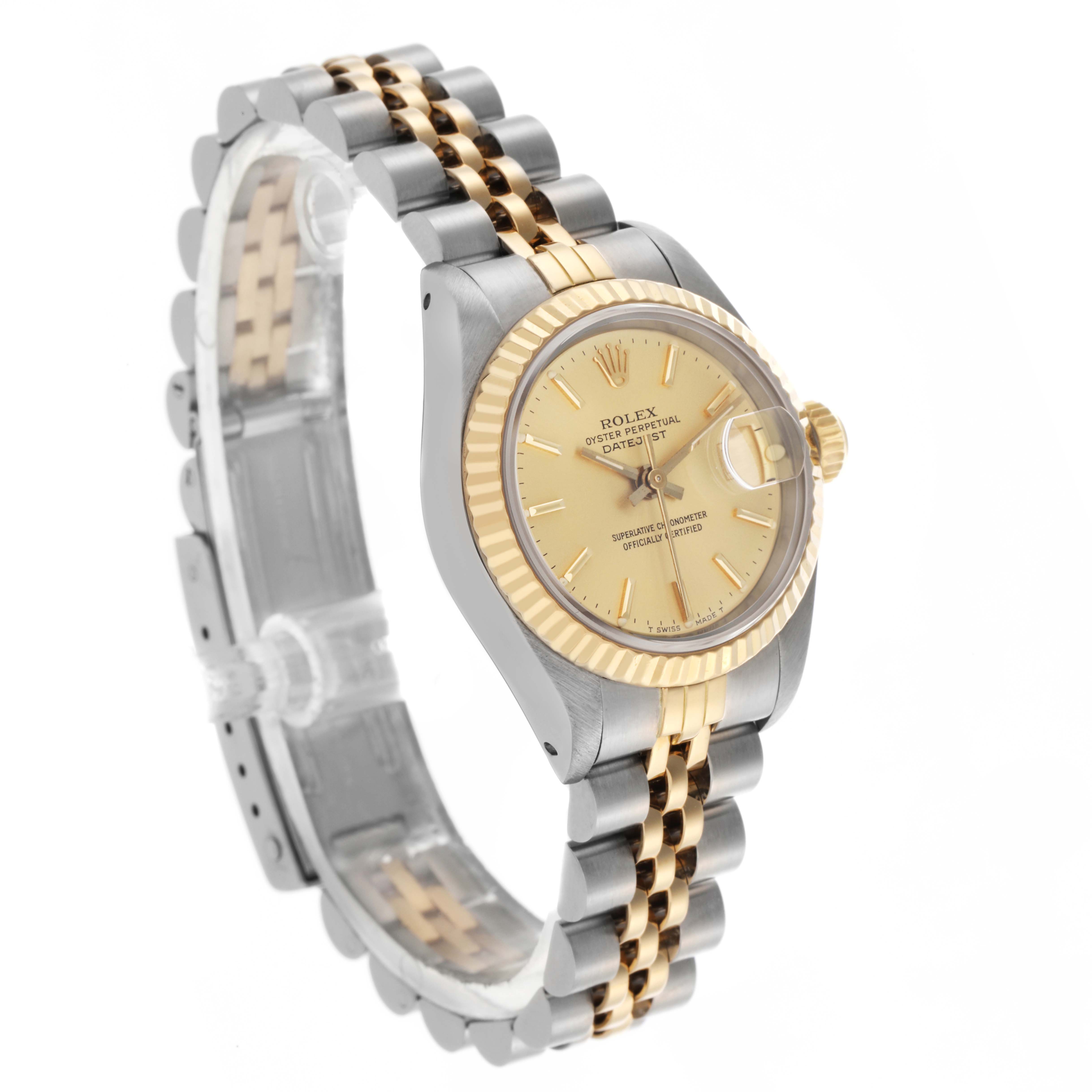 The Rolex Datejust 69173 Women
s Steel and Gold (two tone) Champagne Dial 69173 Women
s Steel and Gold (two tone) Champagne Dial watch is shown at a three-quarter angle, highlighting the dial, bezel, and jubilee bracelet.