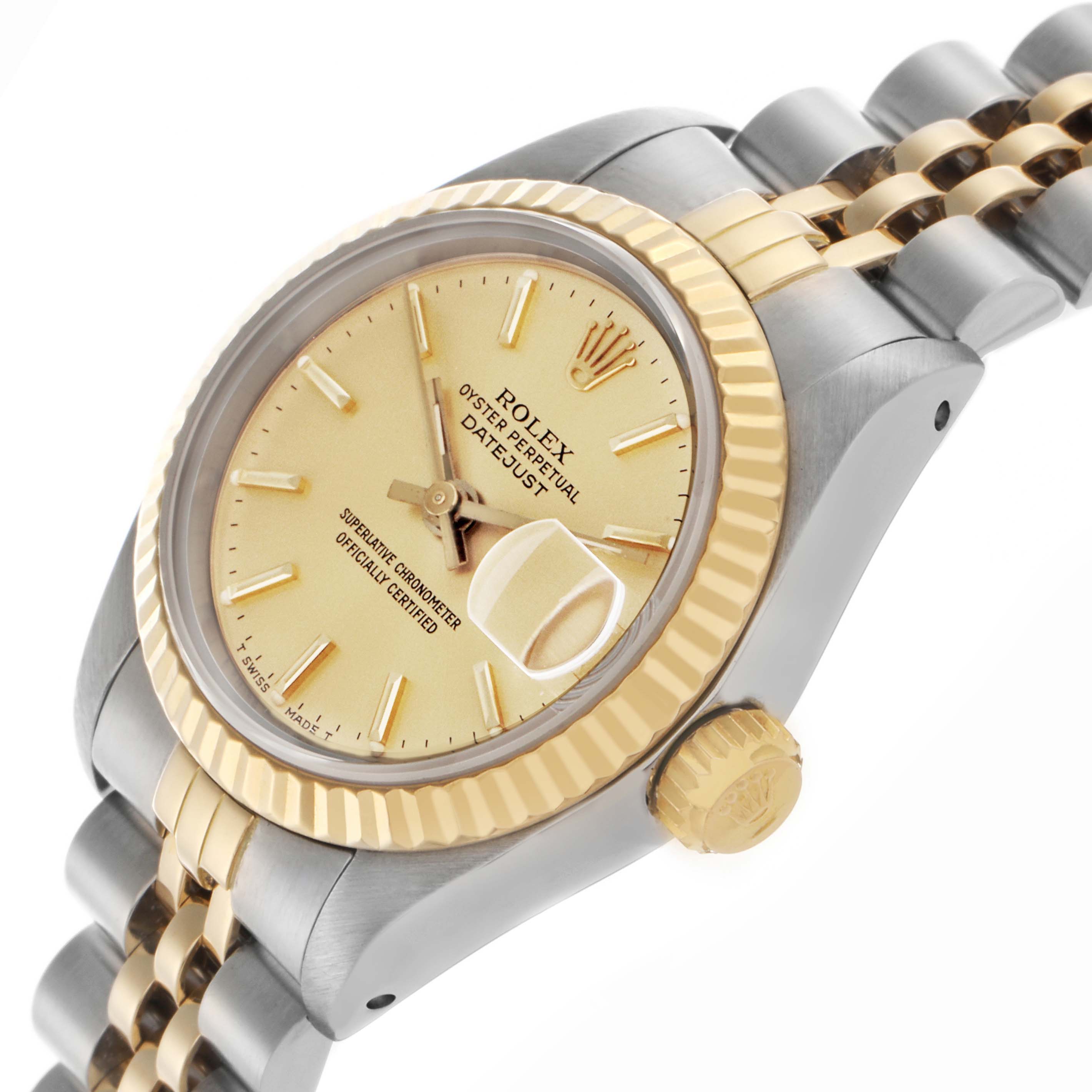 The Rolex Datejust 69173 Women
s Steel and Gold (two tone) Champagne Dial 69173 Women
s Steel and Gold (two tone) Champagne Dial watch is shown at a three-quarter angle, highlighting the dial, bezel, crown, and two-tone bracelet.