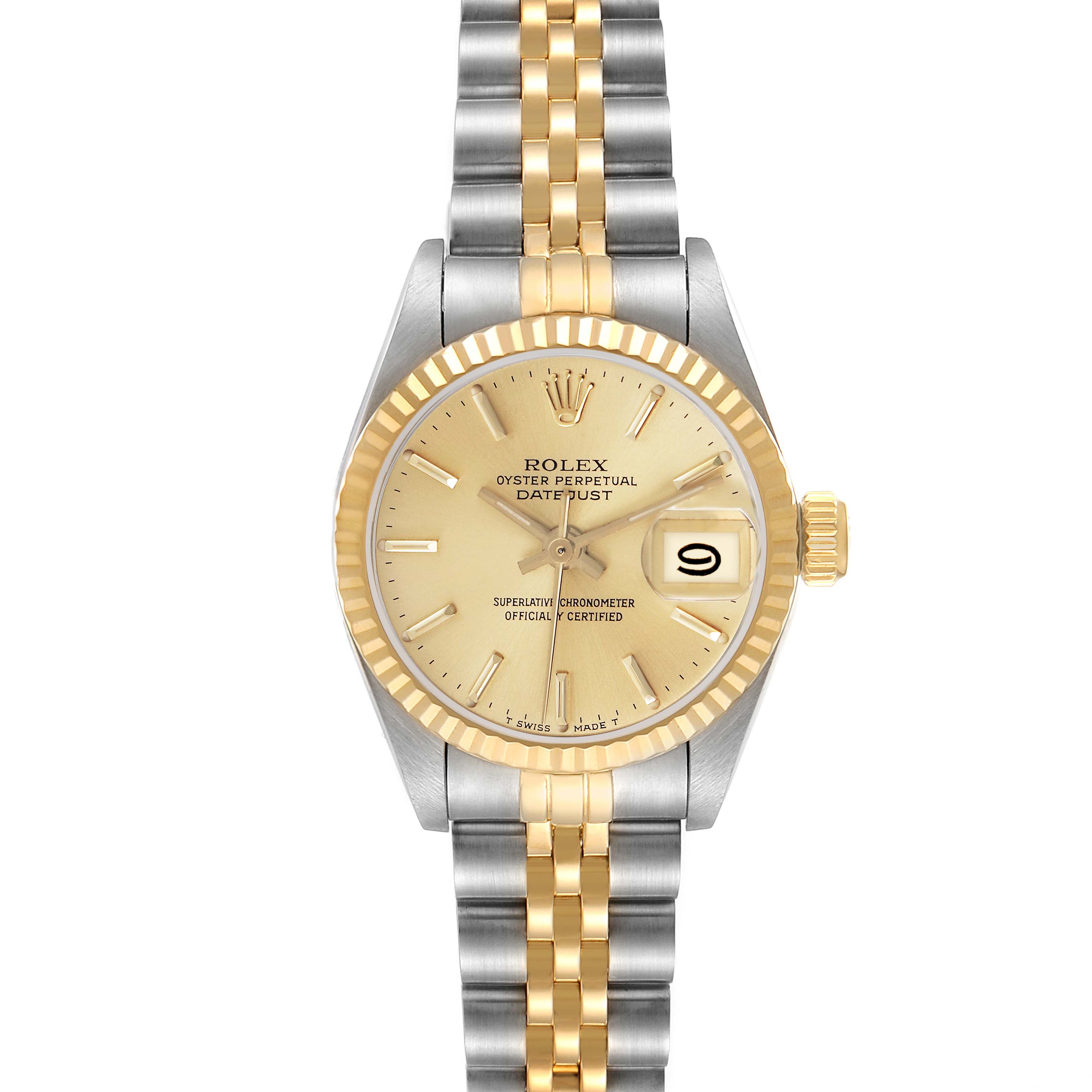 The Rolex Datejust 69173 Women
s Steel and Gold (two tone) Champagne Dial 69173 Women
s Steel and Gold (two tone) Champagne Dial watch is shown from the front, displaying the dial, bezel, crown, and Jubilee bracelet.