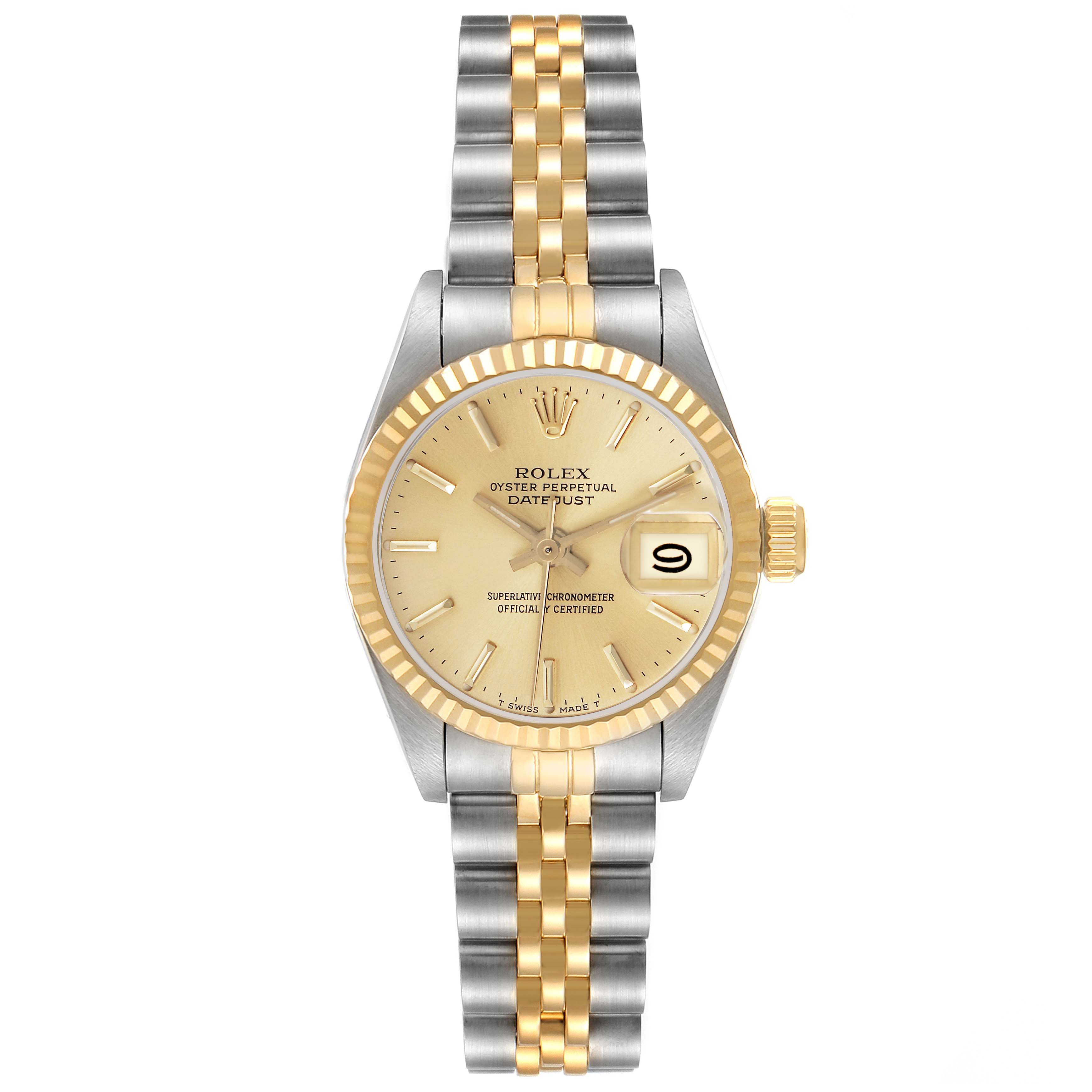 The Rolex Datejust 69173 Women
s Steel and Gold (two tone) Champagne Dial 69173 Women
s Steel and Gold (two tone) Champagne Dial watch is shown from the front, displaying its gold-tone dial, fluted bezel, and two-tone bracelet.