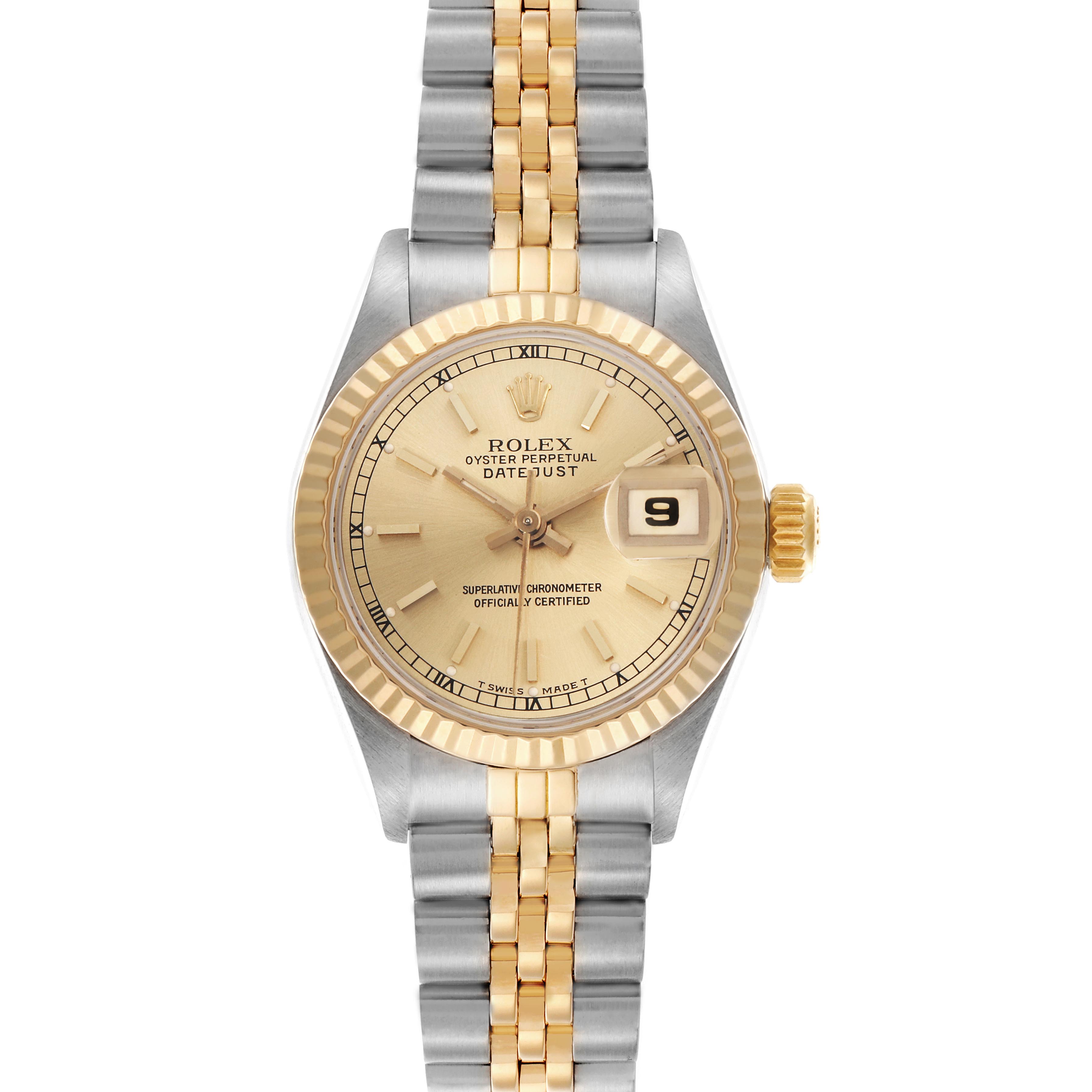 The Rolex Datejust 69173 Women
s Steel and Gold (two tone) Champagne Dial 69173 Women
s Steel and Gold (two tone) Champagne Dial is shown from a front angle, displaying its gold and silver bracelet, fluted bezel, and date window.