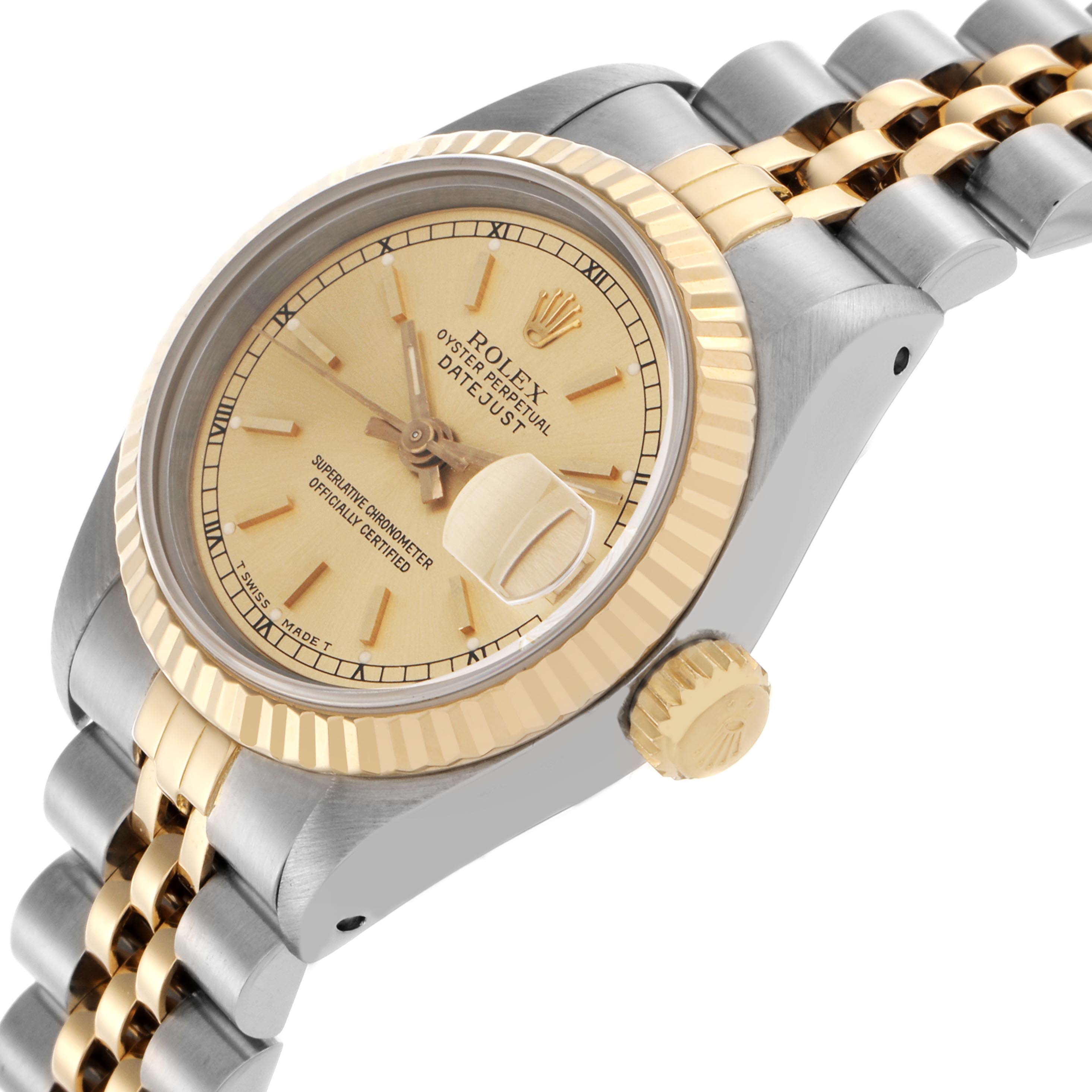 The Rolex Datejust 69173 Women
s Steel and Gold (two tone) Champagne Dial 69173 Women
s Steel and Gold (two tone) Champagne Dial watch is shown from a side angle highlighting the bezel, dial, crown, and part of the bracelet.